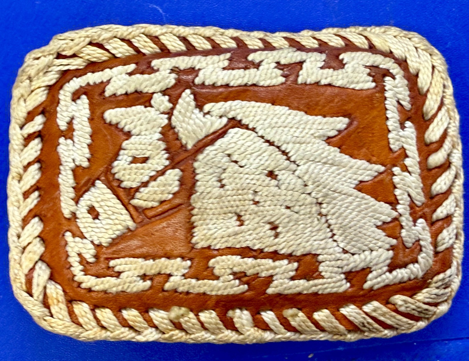 Embroidered White Stitched Horse Head on Western Brown Leather Belt Buckle