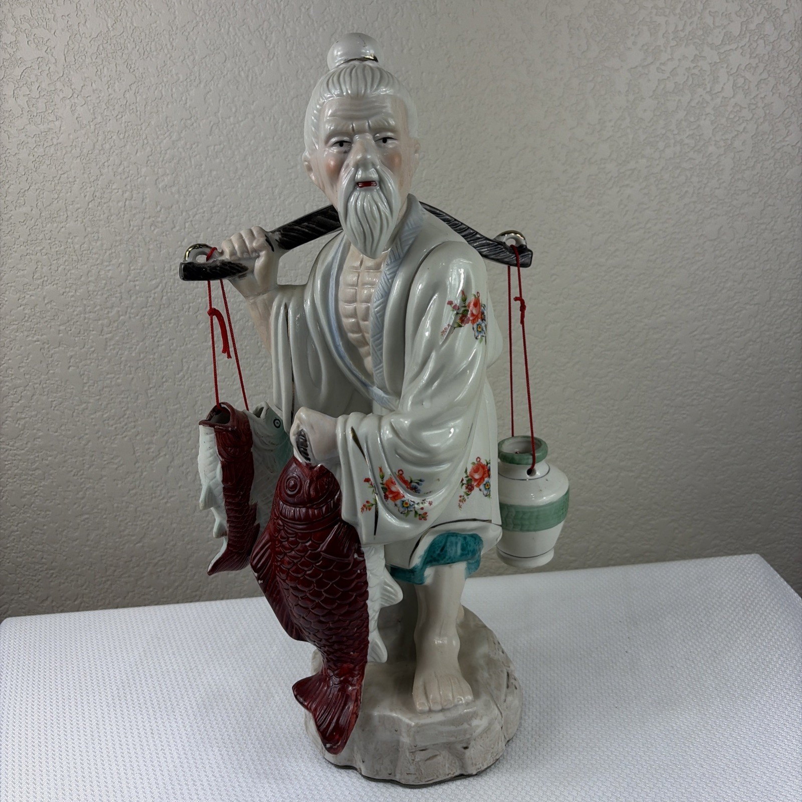 Large 1960s 16” Rare Ceramic Porcelain Old Chinese / Asian Fisherman