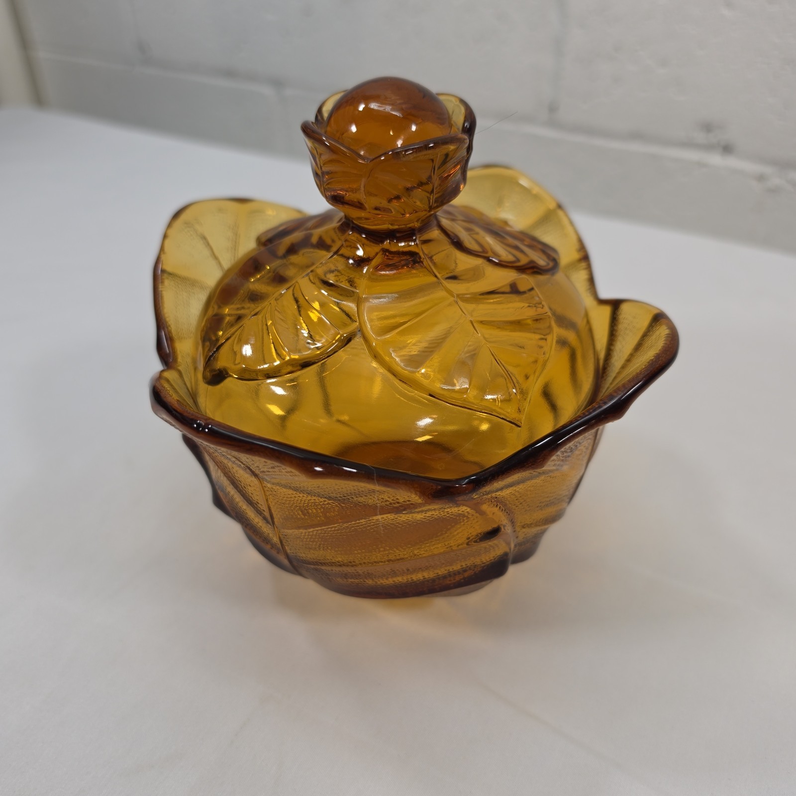 Vintage Viking Glass Amber Cabbage Leaf Covered Candy Dish With Lid READ DESC