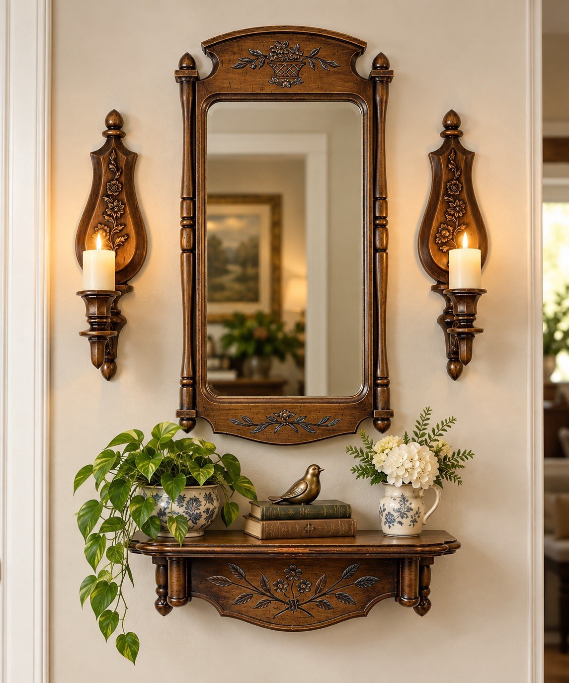 Vintage 1966 Dart Industries Floral Wall Set Mirror Shelf Candle Sconces USA