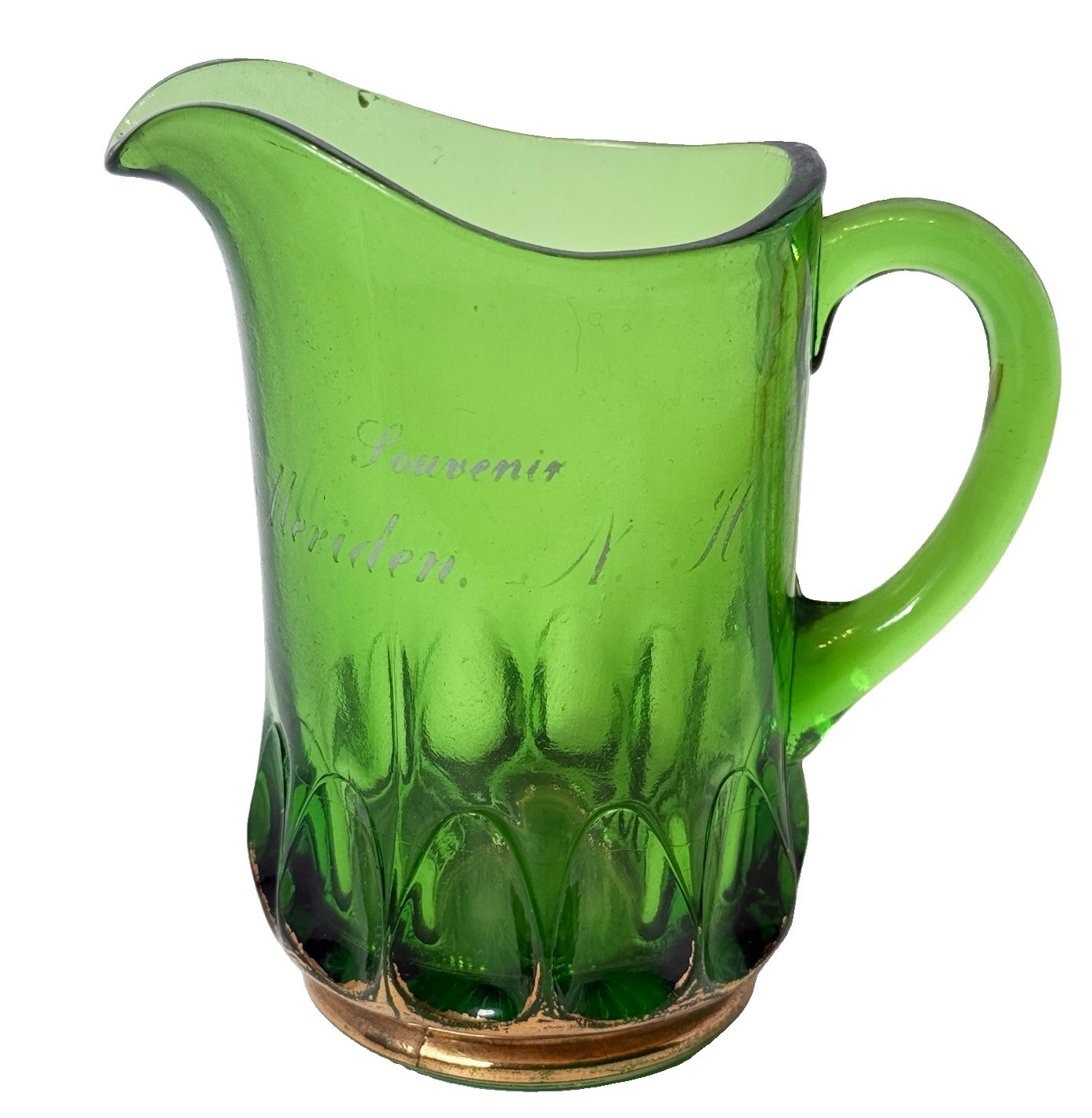 MERIDEN NH NEW HAMPSHIRE Souvenir ANTIQUE DEPRESSION GREEN Glass TRINKET CREAMER