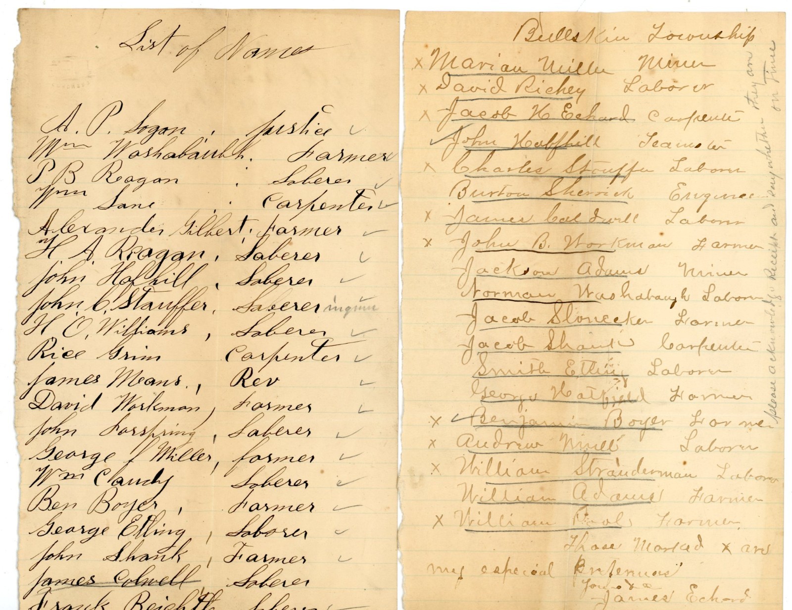 Handwritten List Names Bullskin Township Occupations Farmer Laborer Miner c1870s