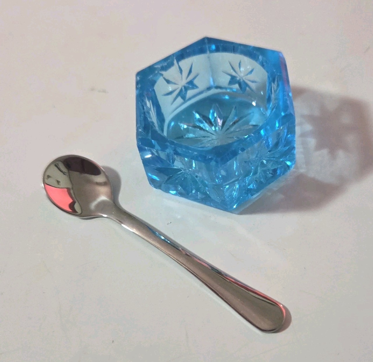 Vintage Mosser Blue Hexagon Starbust ~ Open Salt Cellar & Salt Spoon~SALE Vintage Mosser Blue Hexagon Starbust ~ Open Salt Cellar & Salt Spoon~SALE