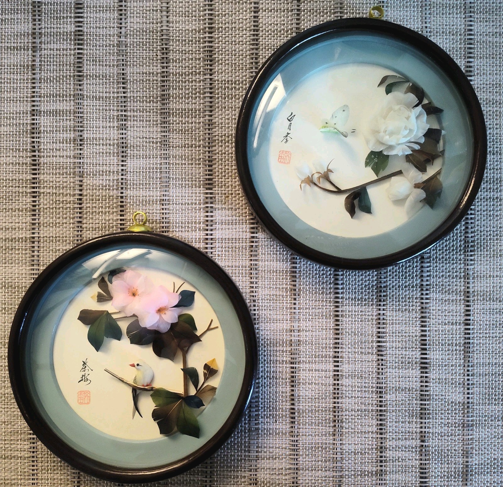 2 Vintage Asian, Chinese or Japanese Art Shadow Box Display Butterfly & Bird 3D