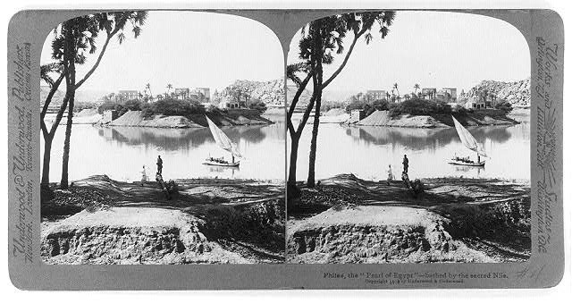 Photo:Philae Egypt 1900s Nile River Stereograph Sailboat and Shore Scene