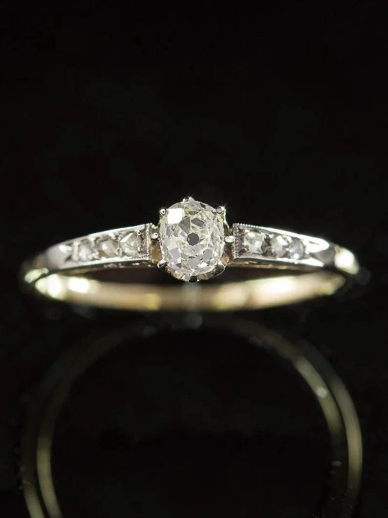 Antique Art Deco Diamond 10K Yellow Gold Over Solitaire Engagement Ring Sz 5-12