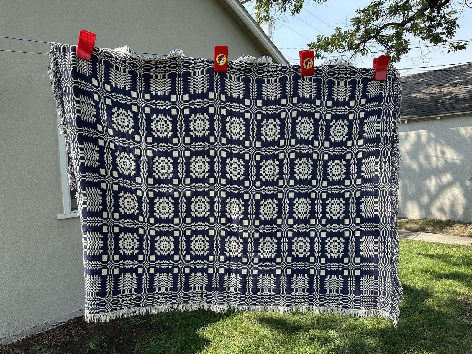 Vintage Goodwin Guild Navy and Cream Coverlet 100% Cotton Hand Woven  50