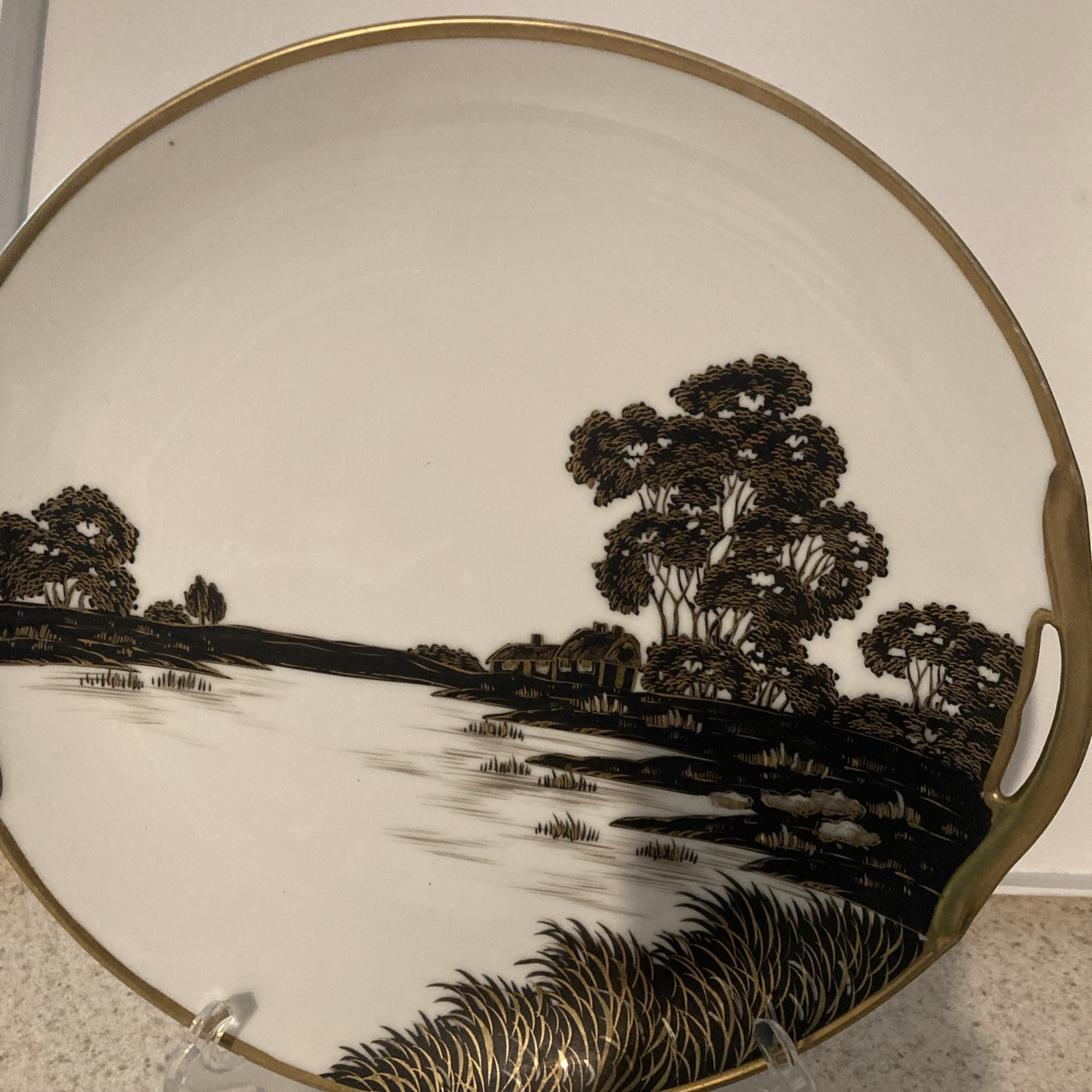 NIPPON Scenic Landscape Plate Black White with Gold Accented HANDLES 10 in VNT