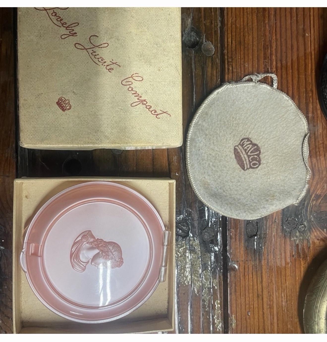 Antique 'Lovely Lucite Compact', Mavco, Pink Cameo, Dust Cloth & Box