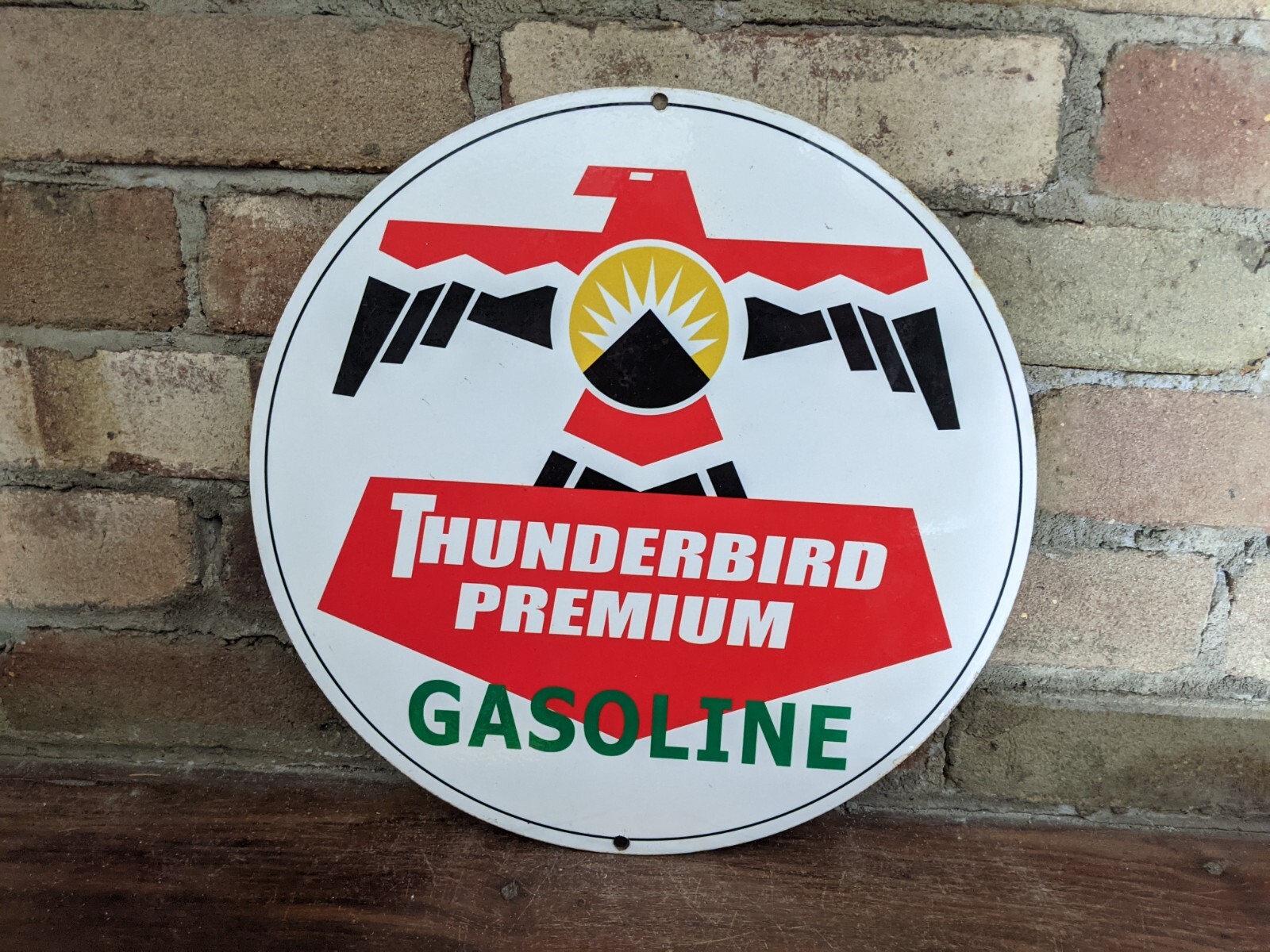 VINTAGE THUNDERBIRD PREMIUM INDIAN CHIEF GASOLINE PORCELAIN GAS PUMP SIGN 12\ VINTAGE THUNDERBIRD PREMIUM INDIAN CHIEF GASOLINE PORCELAIN GAS PUMP SIGN 12\