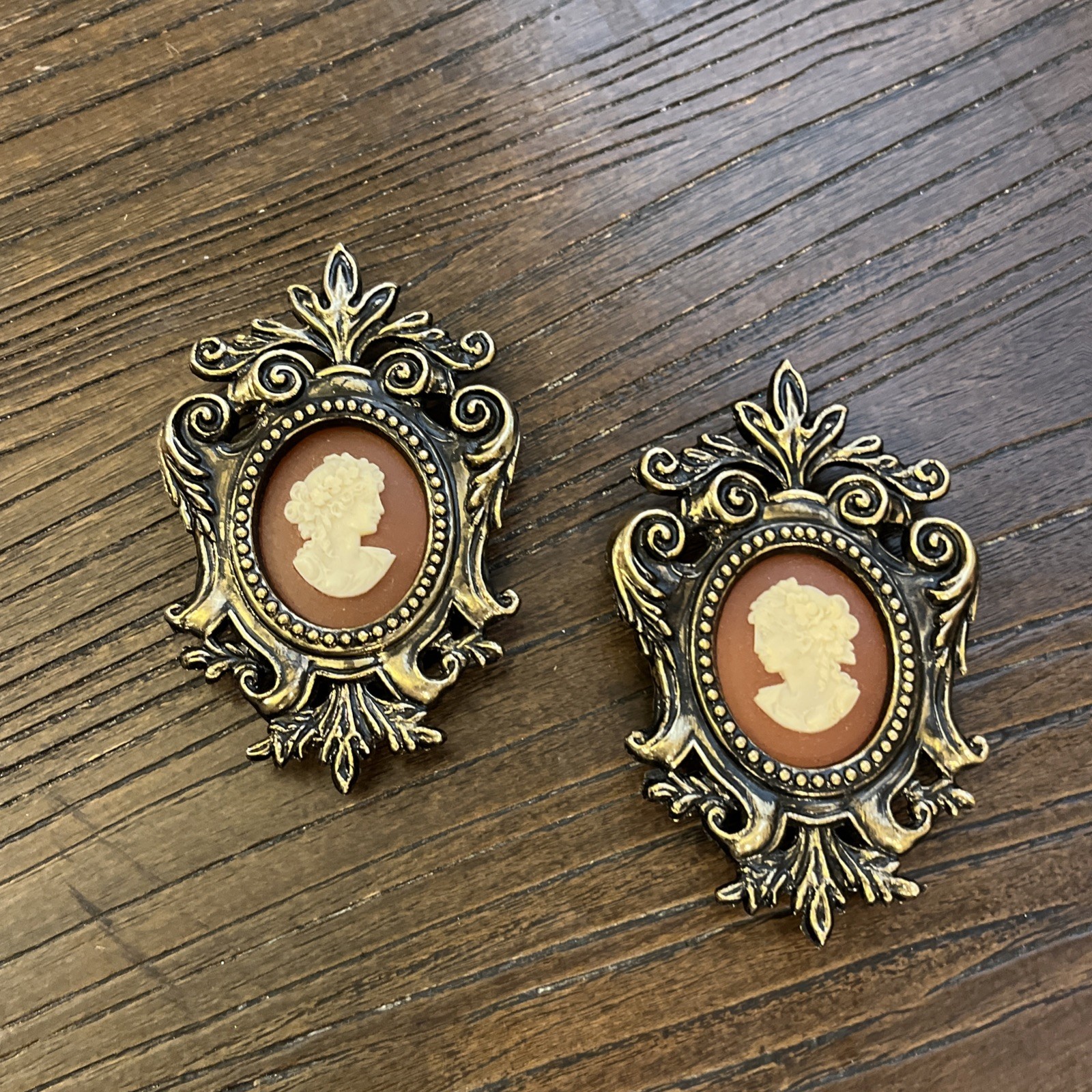 2 Vtg Mini Brass Framed Cameo Lady Ornate 3.5\