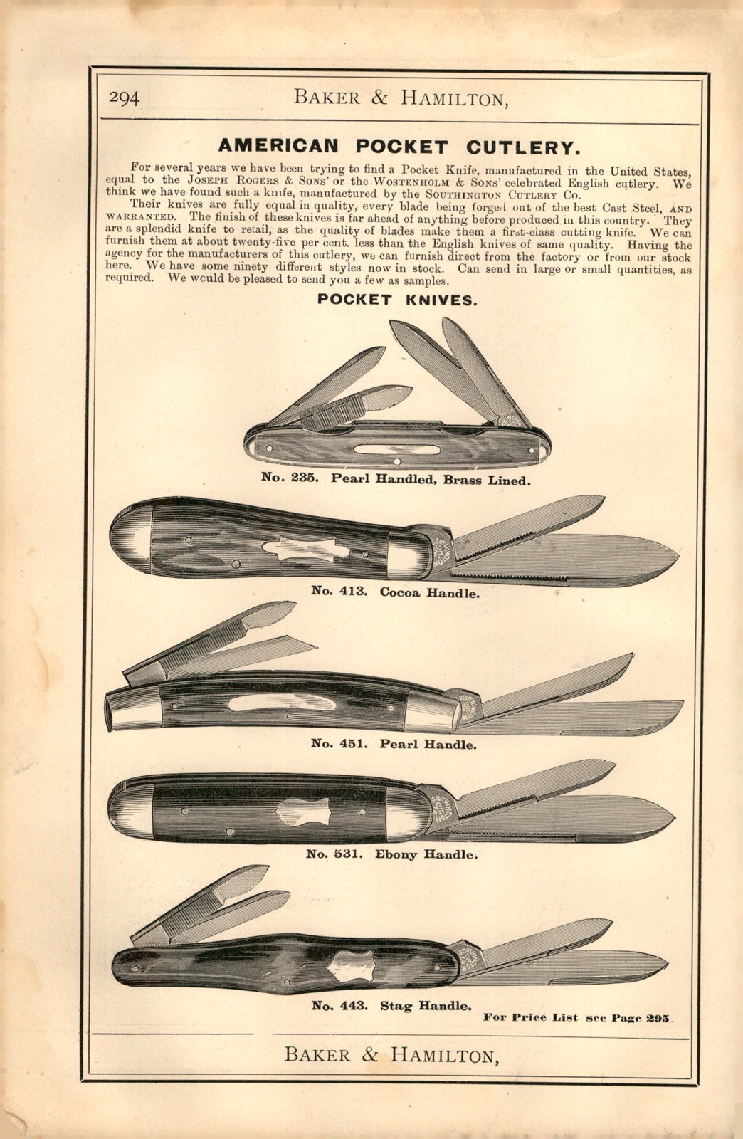 1883 PAPER AD Early Vintage Southington Pocket Knife Knives Ebony Pearl Handle 