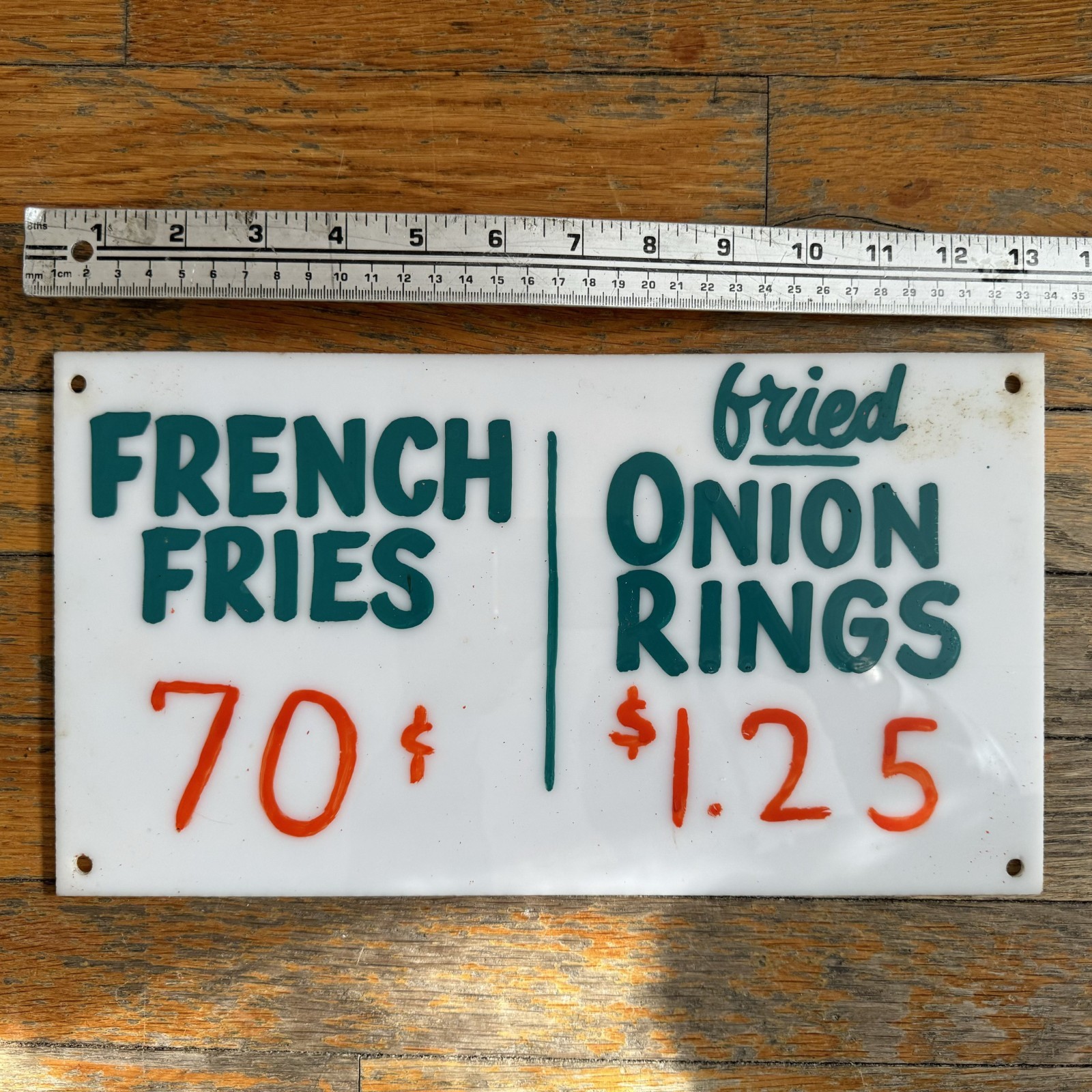 Vintage Hand Painted Menu Sign French Fries 70c Onion Rings 1.25 Acrylic Plastic