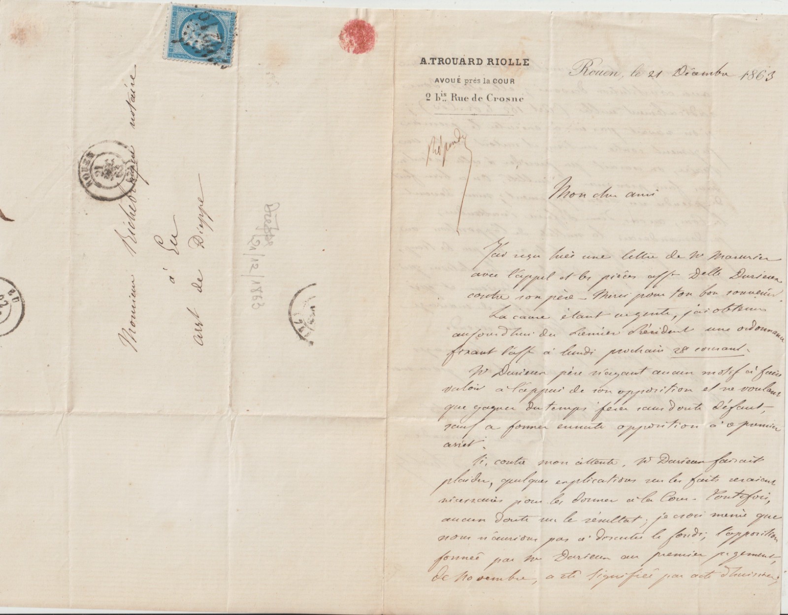Antique 1863 Folded Letter Rouen to Dieppe: Lawyer Letterhead & Blue Stamp Antique 1863 Folded Letter Rouen to Dieppe: Lawyer Letterhead & Blue Stamp