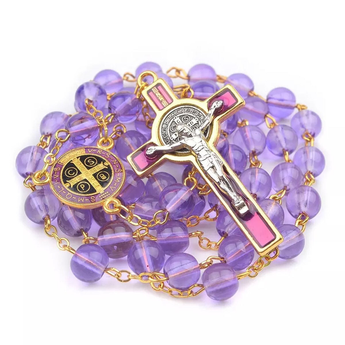 Catholic Town St Benedict center piece rosary with 8mm Purple glass CTRSBGB-PUR