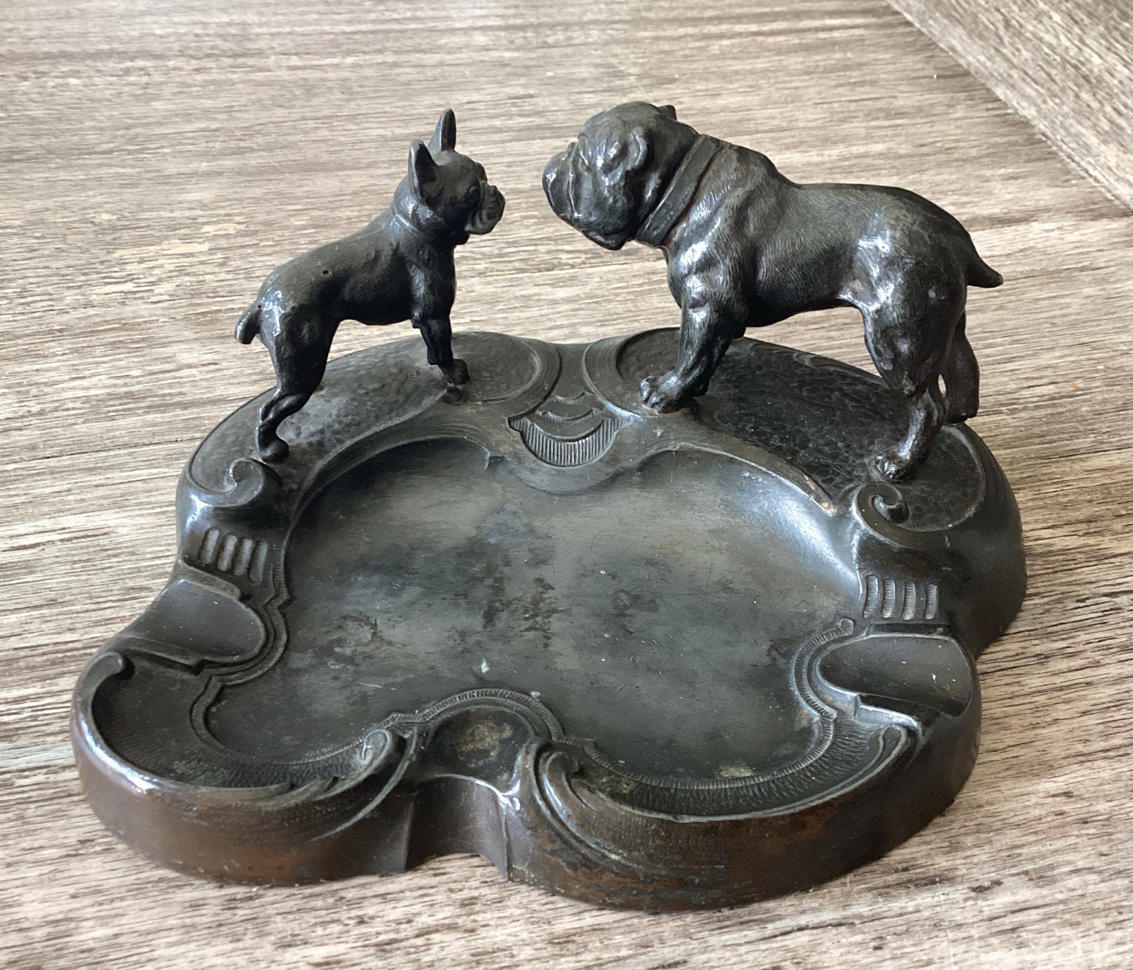 Vintage 1920s Art Deco Bulldogs French English Ashtray Trinket Bowl