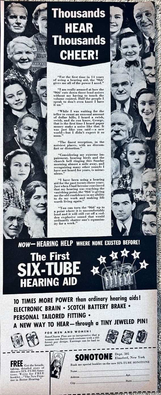 Vintage 1951 Print Ad Sonotone the first Six-Tube Hearing Aid Thousands Hear