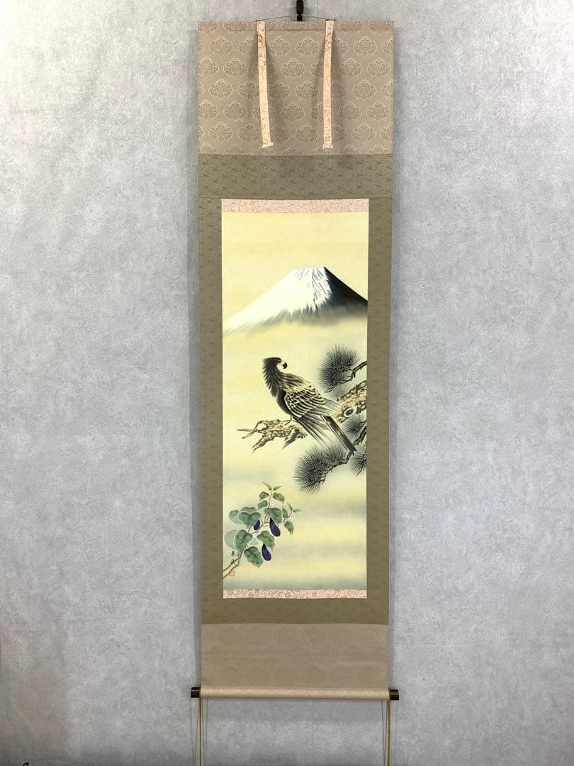 Vintage Japanese Hanging Scroll Fuji Hawks Eggplants Calligraphy Antiques