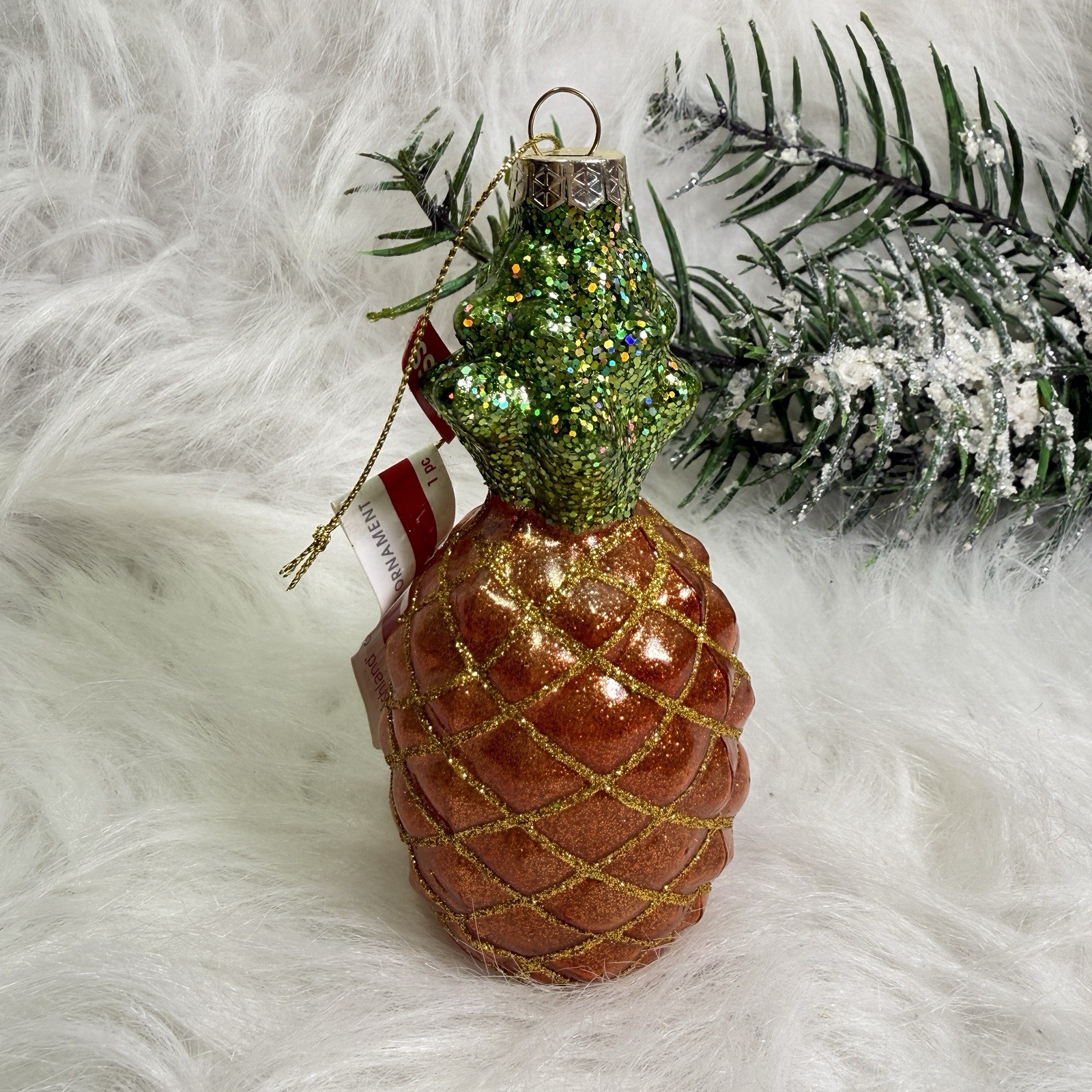 Ashland Pineapple Christmas Ornament Blown Glass Tropical Glitter 5\