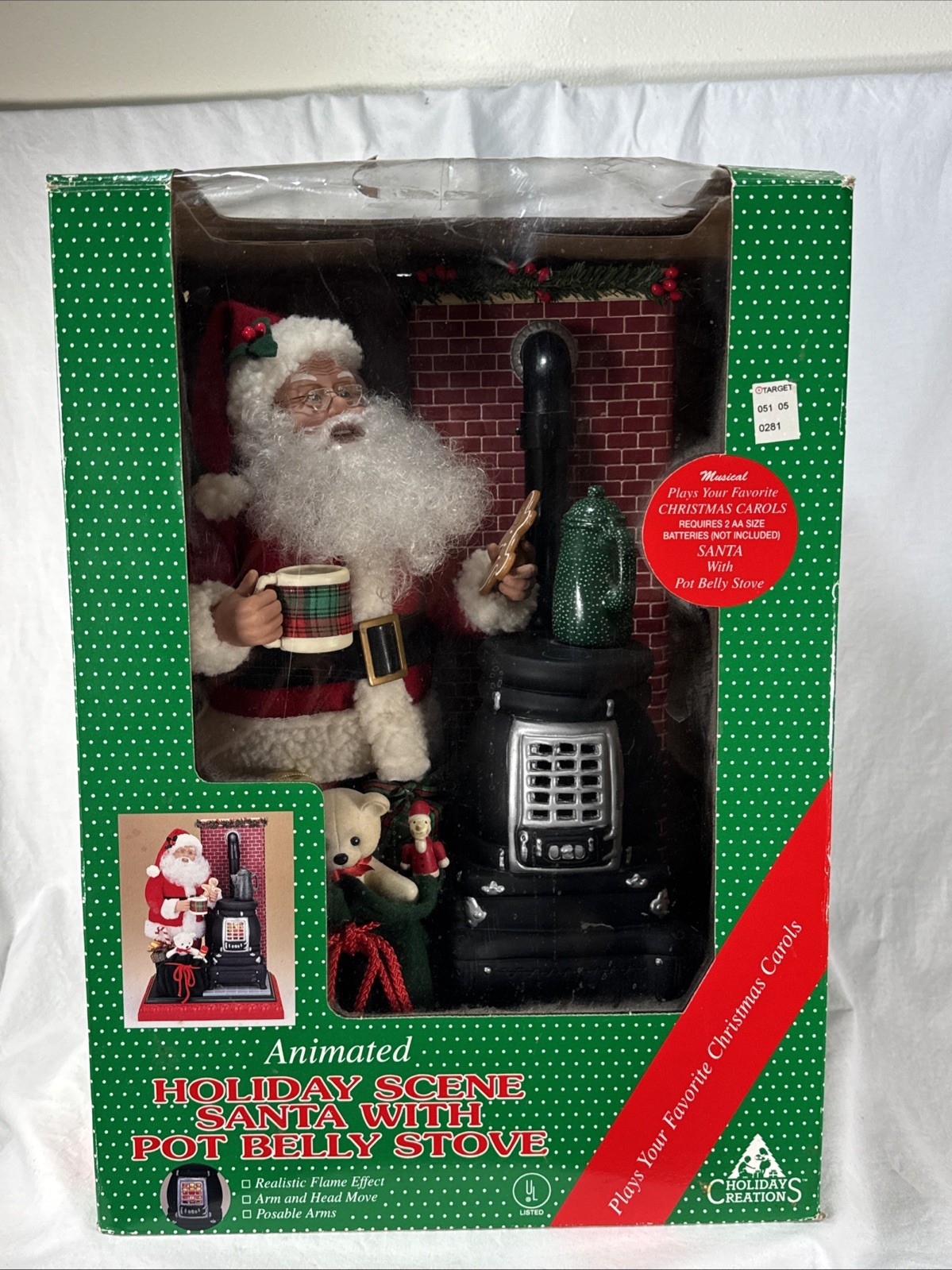 VTG HOLIDAY CREATIONS Animated Lighted Musical Santa Claus & Pot Belly Stove