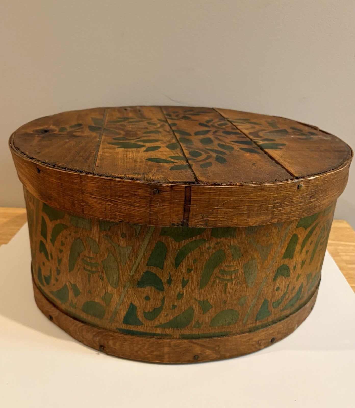 Antique Large Round BentWood Cheese Box Stencil Design Old Country Primitive Art