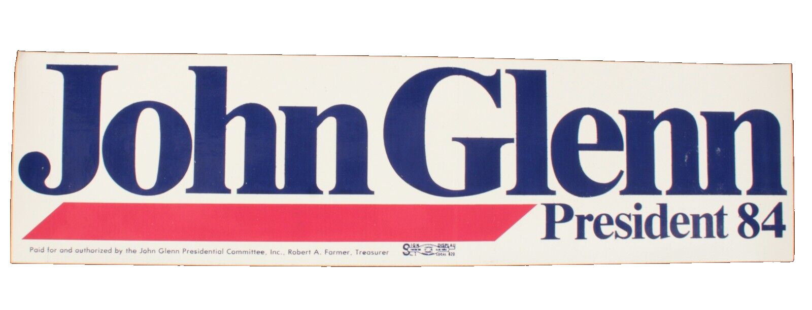 John Glenn President '84 Bumper Sticker 11 X 3 Inches Vintage Original