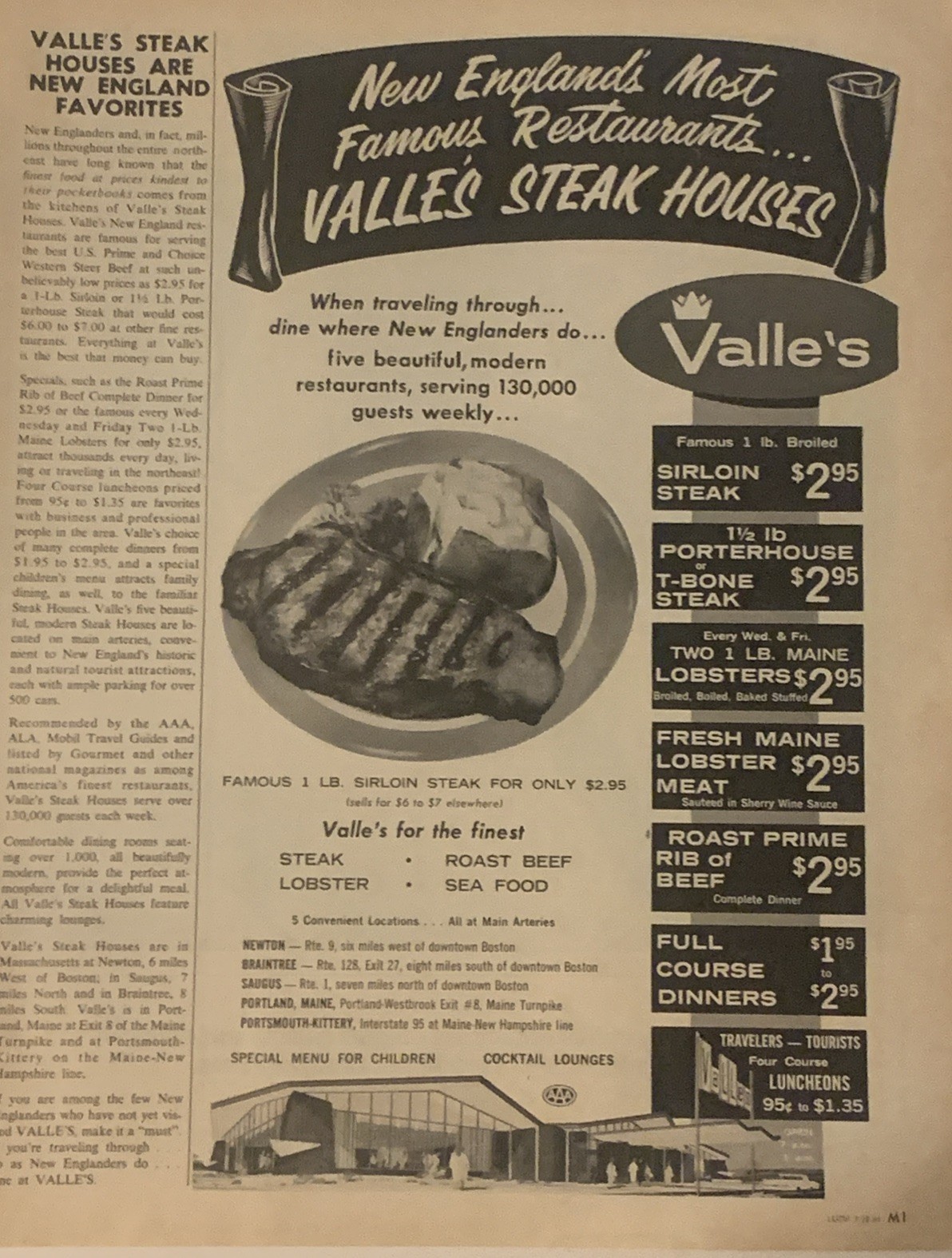 1964 Valle’s Steak Houses PRINT AD New England Most Famous Restaurant VTG 1960s