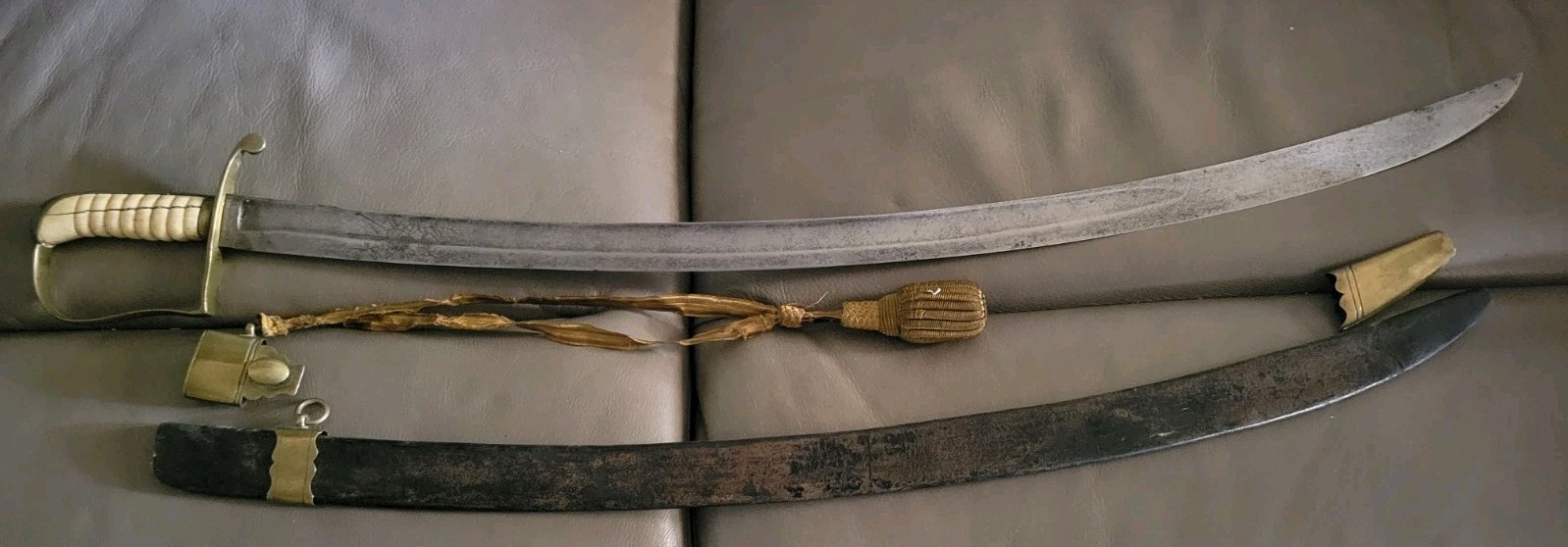 Antique Authentic Calvary Officers Sword With Bone Grip Original Scabbard Antique Authentic Calvary Officers Sword With Bone Grip Original Scabbard