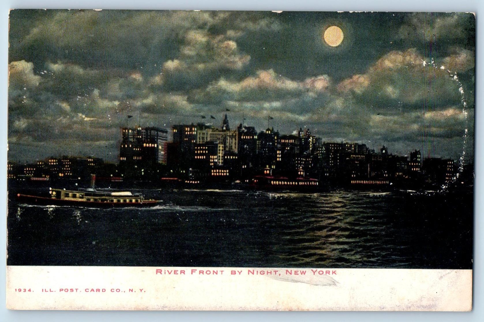 c1905\'s River Front By Night Moonlight Building New York City New York Postcard