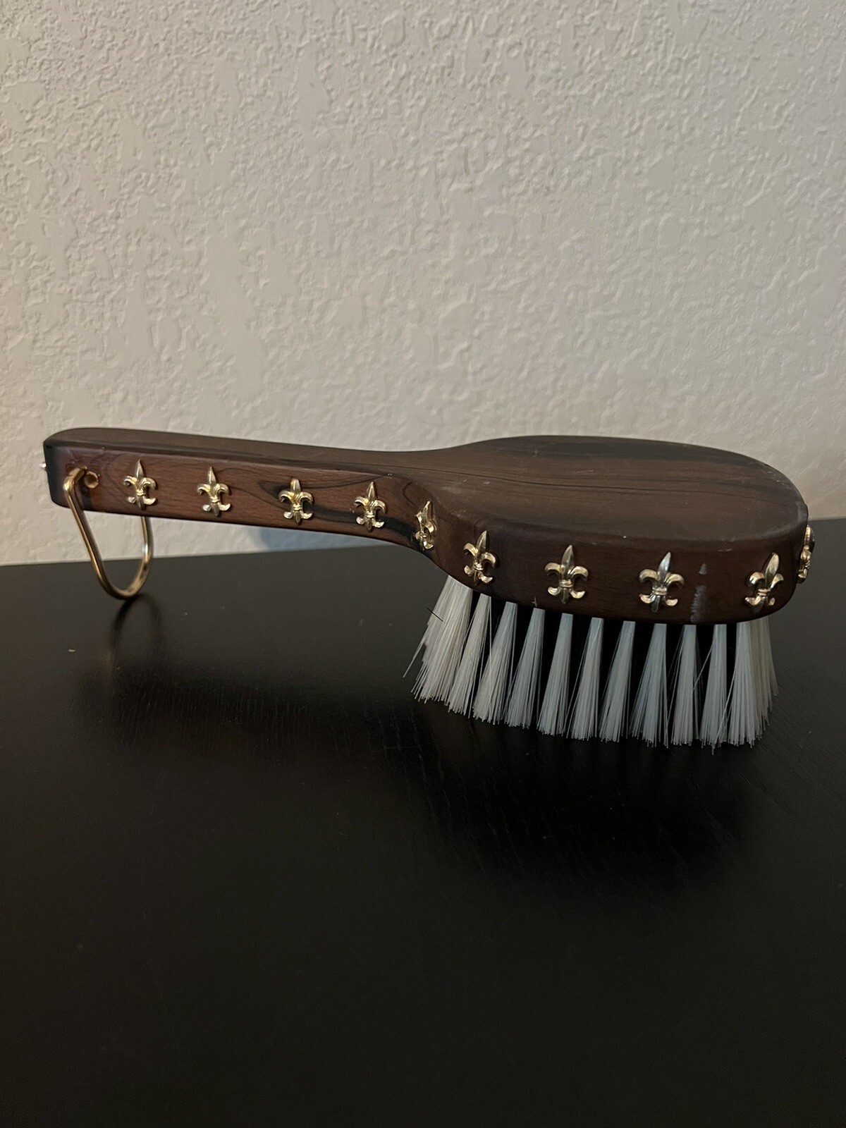 VTG Wooden 9”Hair Clothes Brush W/Gold Fleur De Lis Accents & Hanging Hook Japan