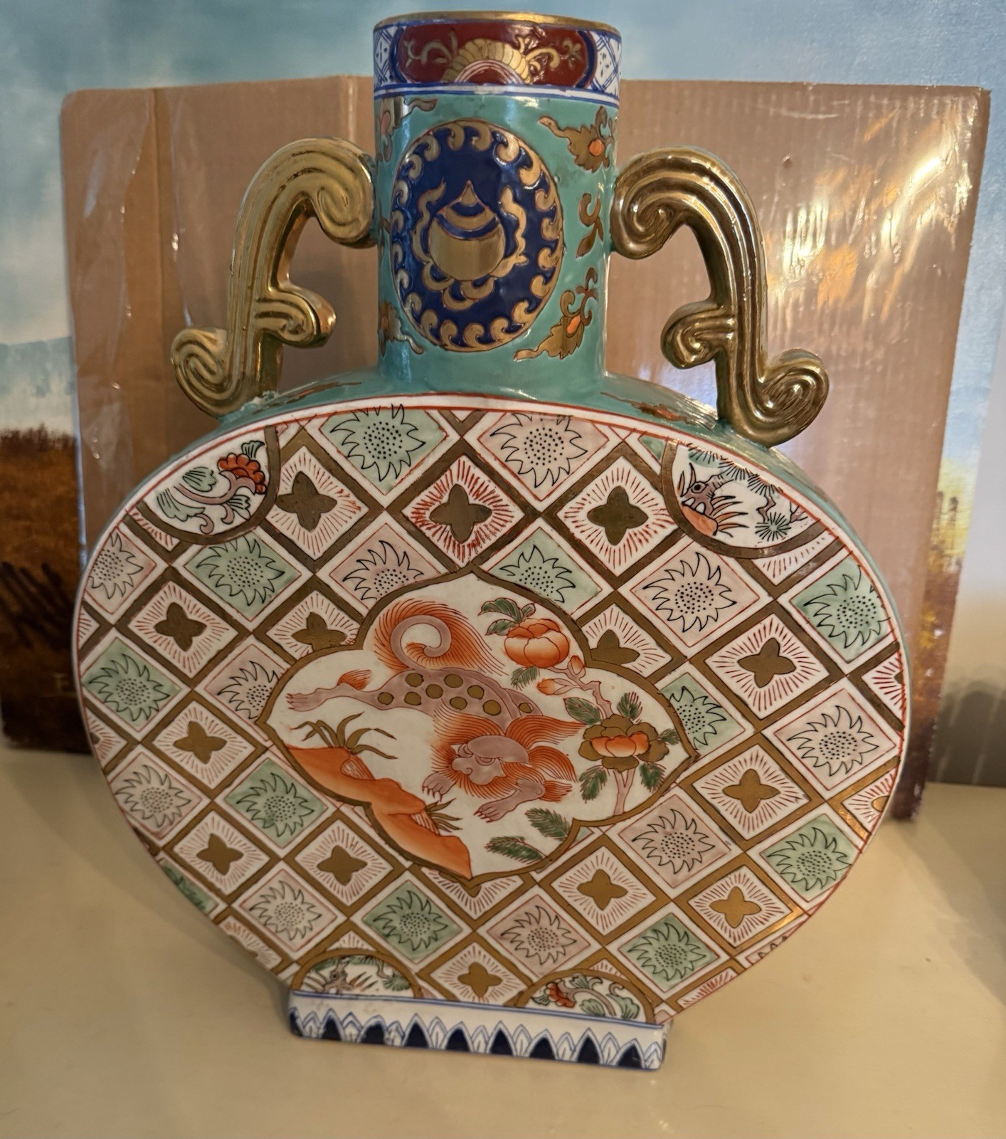 Vintage Large Flat HandPainted Porcelain Flask Vase Japanese Asian READ Descript