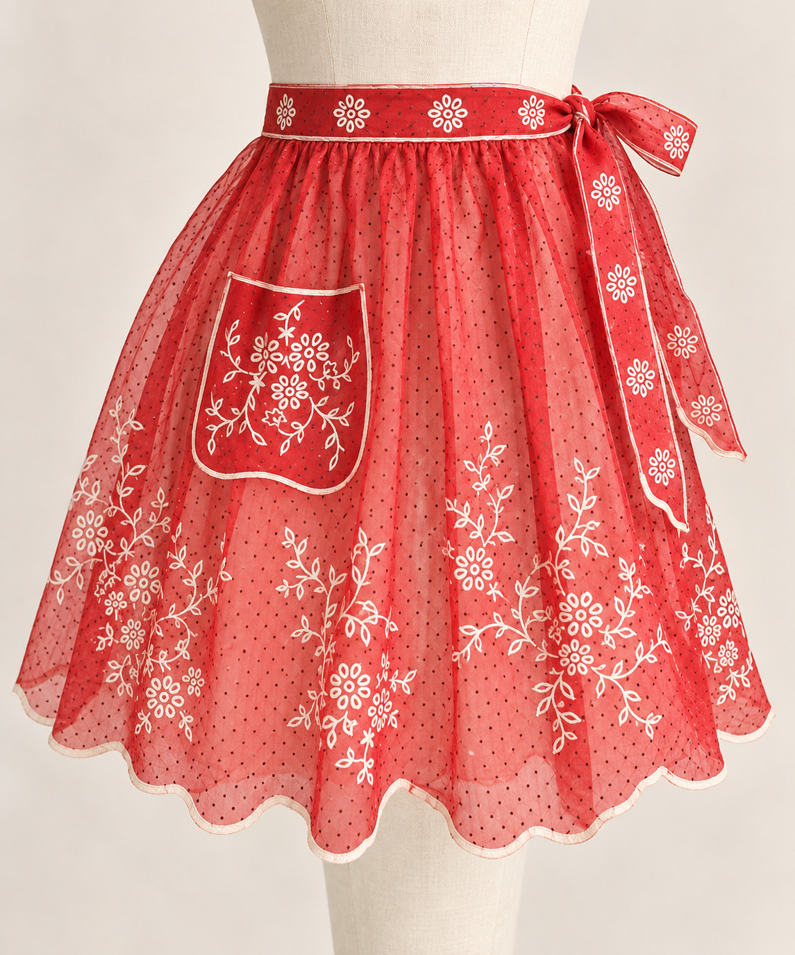 Vintage 1950s Red Sheer Organza Half Apron White Lace Pocket Hostess Christmas