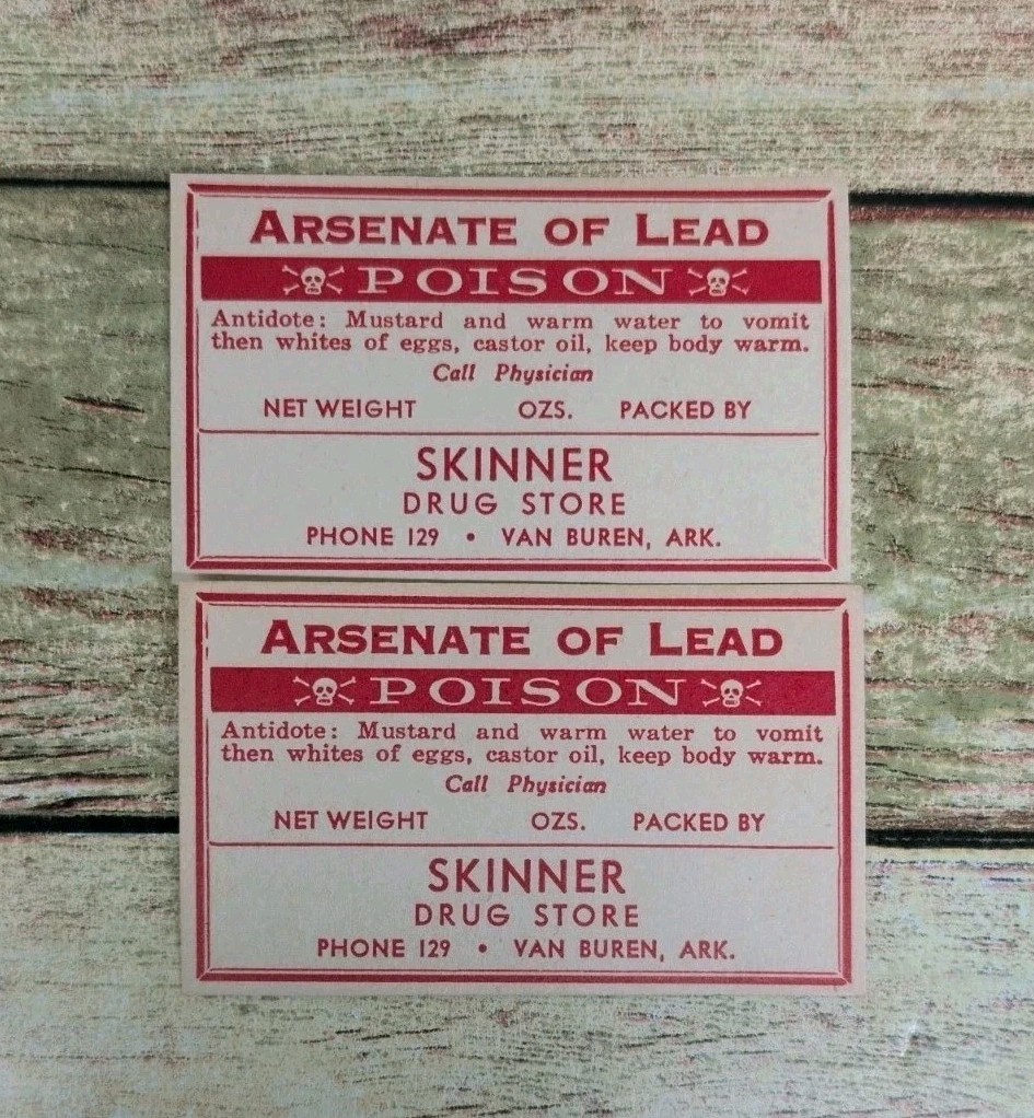 NOS 2 Vintage Arsenate of Lead Poison Label Skinner Drug Store Van Buren ARK