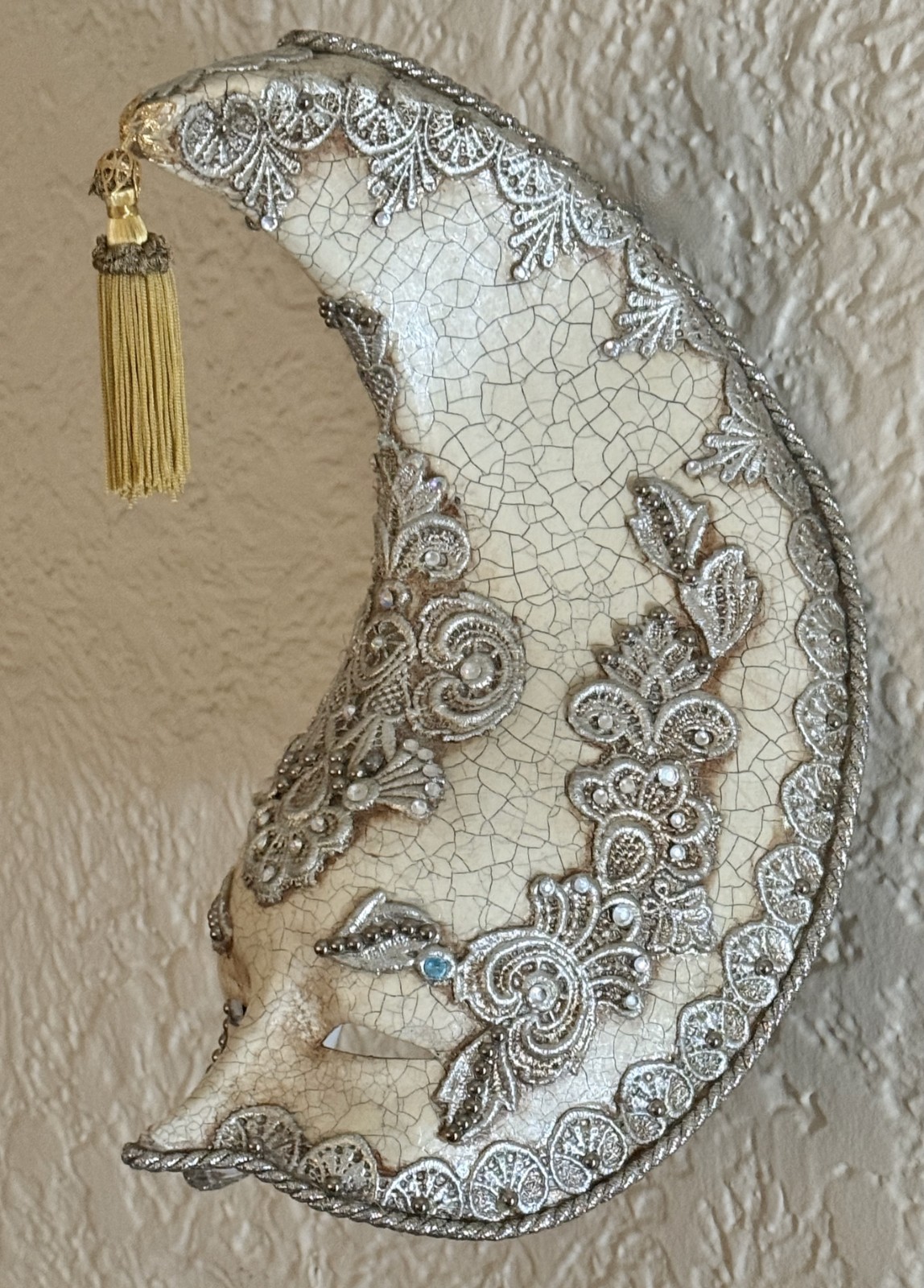 Vintage Large Venetian Carnevale Paper Mache\' Embellished Mask / Italian