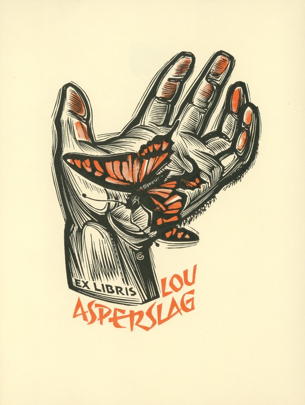 Vtg Bookplate Ex Libris Lou Asperslag Hand Butterfly Woodcut Art Print Y2055 Vtg Bookplate Ex Libris Lou Asperslag Hand Butterfly Woodcut Art Print Y2055