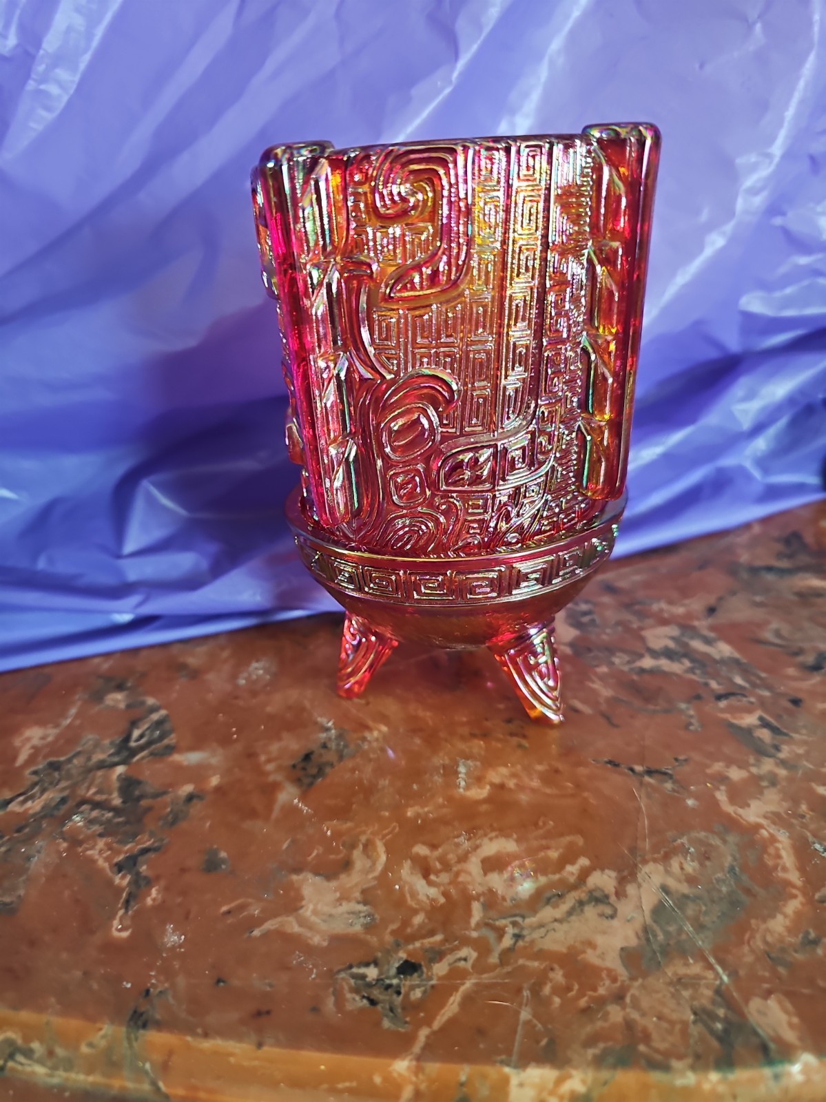 Vtg 1977-78 , Fenton Chou Ting Ceremonial Fairy Lamp Ruby Iridescent Red Glass