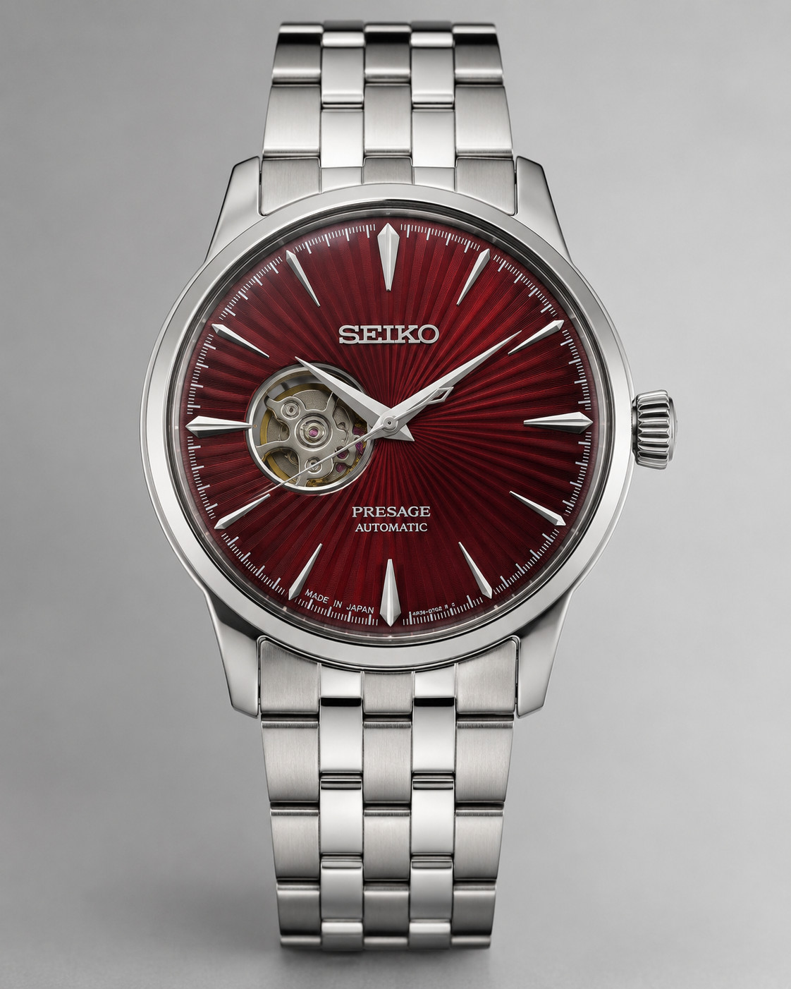 Luxury Automatic Men\'s Watch – Burgundy Red Dial & Stainless Steel Bracelet