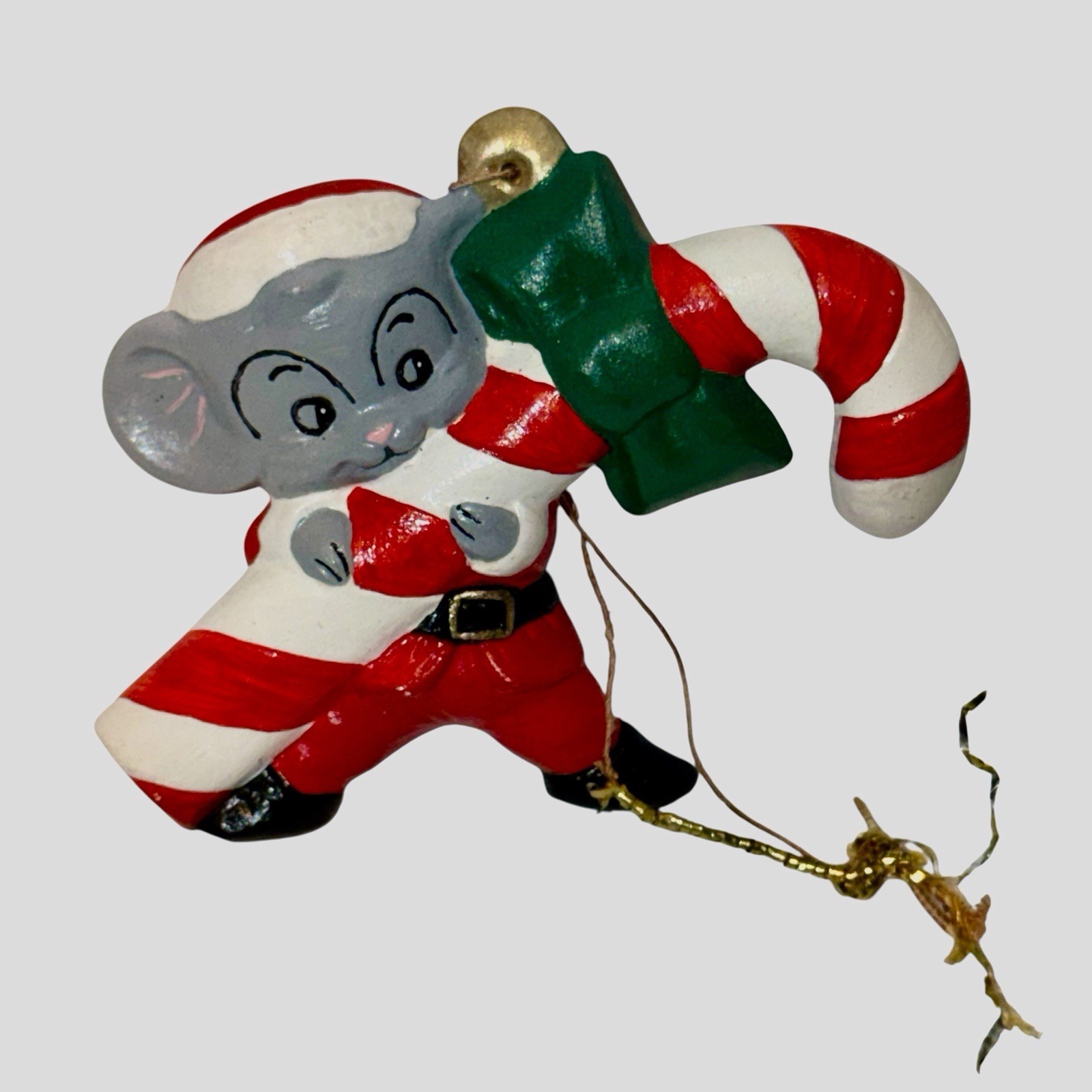 Vtg Ceramic Christmas Mouse Carrying Large Candy Cane Ornament 3.5\