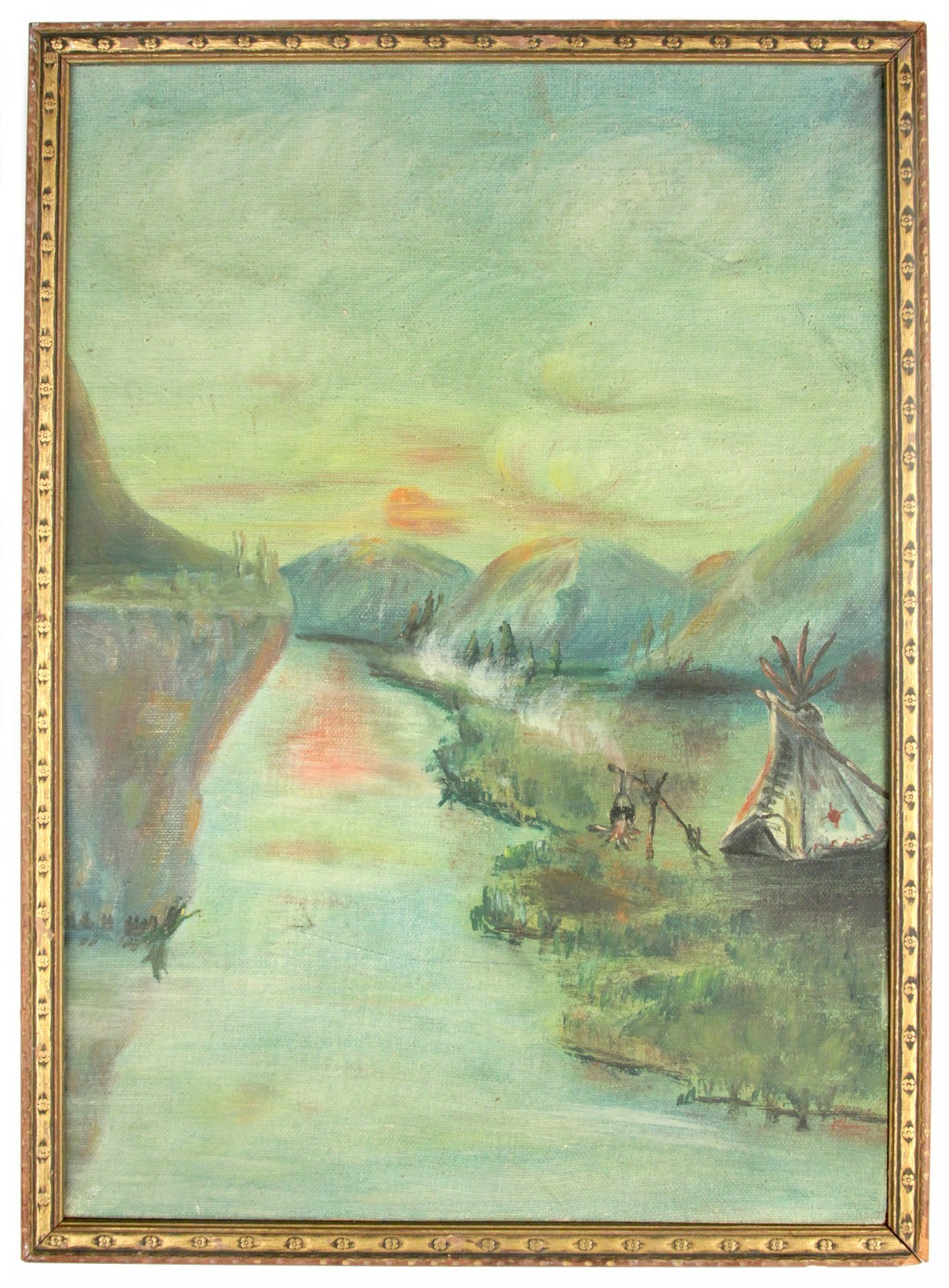 Antique Vintage Oil Painting Indian Native American Landscape American Folk Art
