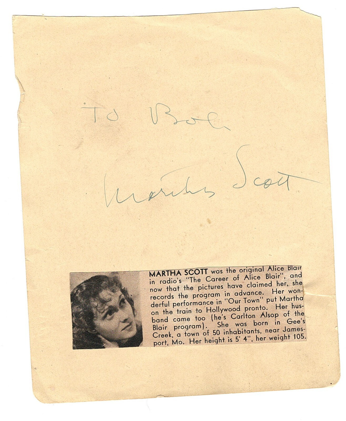 ACTRESS MARTHA SCOTT , V INTAGE AUTOGRAPH ON ALBUM PAGE