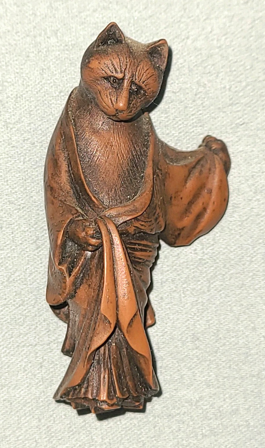 Vtg carved wood Netsuke, standing cat in kimono, Peabody Essex Museum Vtg carved wood Netsuke, standing cat in kimono, Peabody Essex Museum