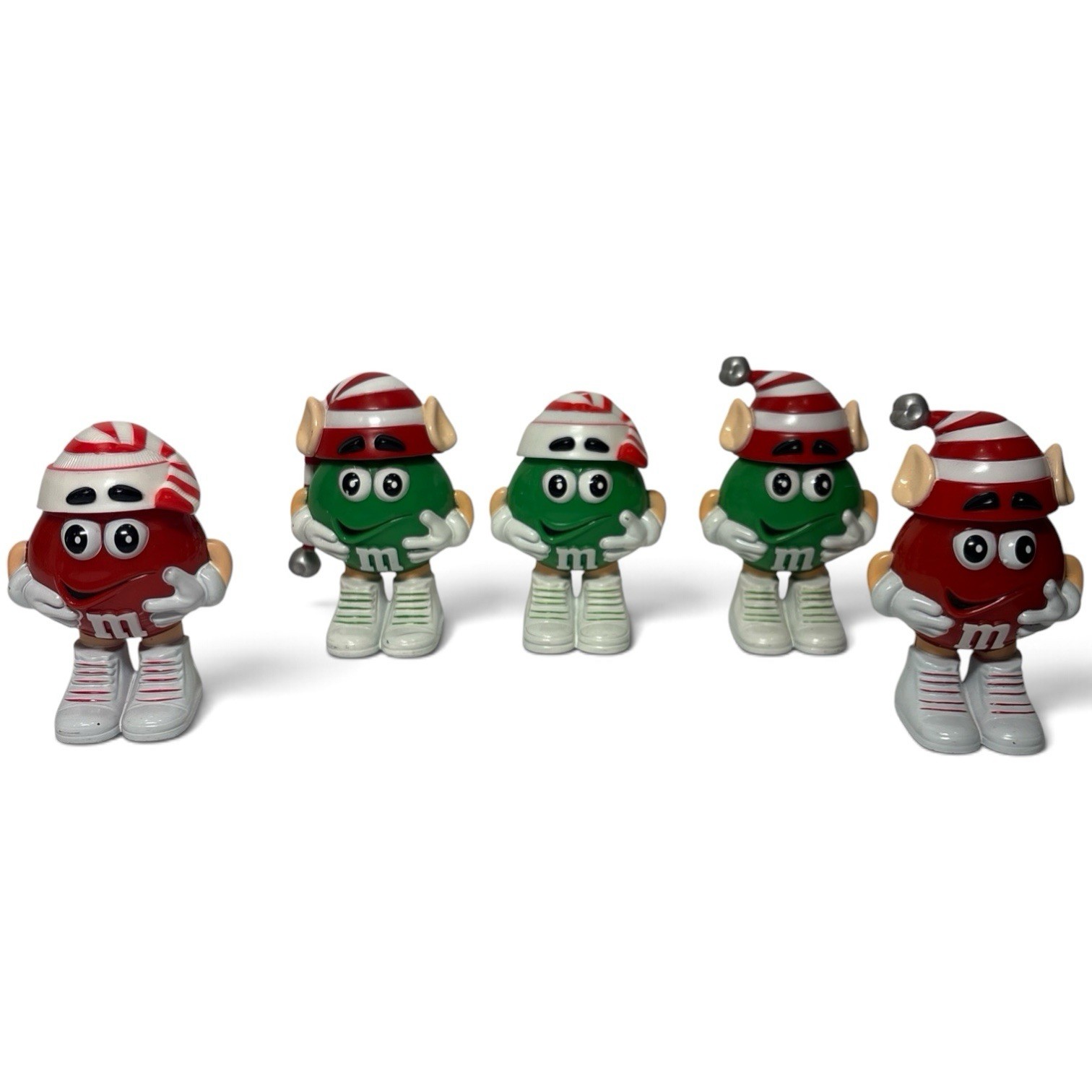 5 Green Red M&M Candy Dispenser Holder Silver Bell Elf Hat Striped Boot READ