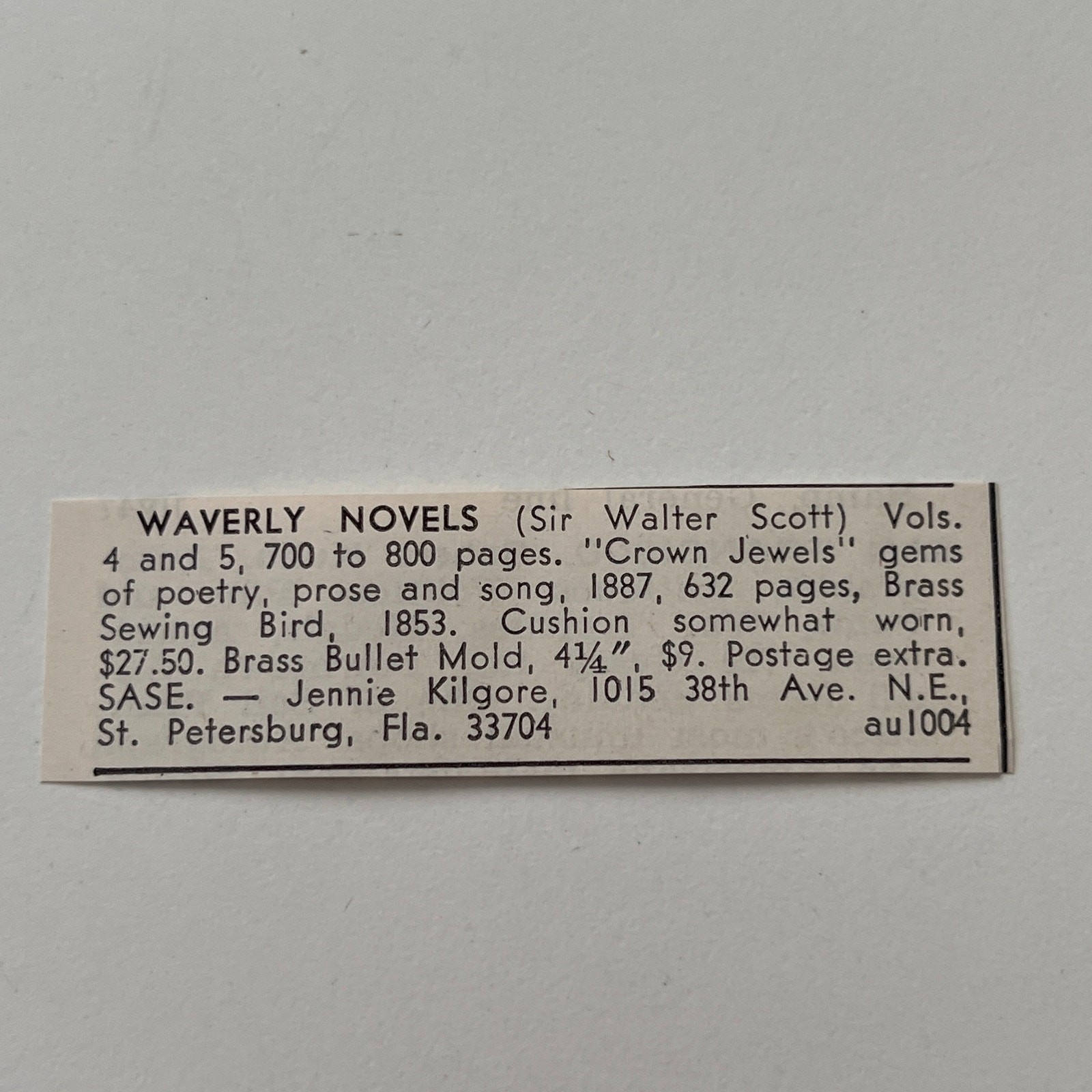 Waverly Novels Walter Scott Jennie Kilgore St Petersburg FL 1973 Ad SAI4-S104
