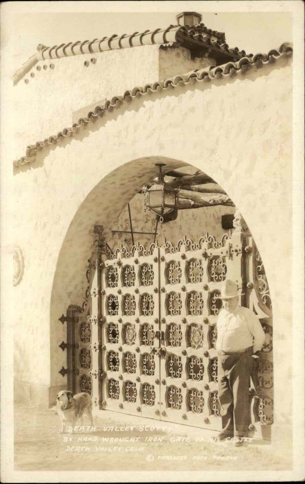 Death Valley California CA Man & Dog at Iron Gate c1920s-40s RPPC Postcard