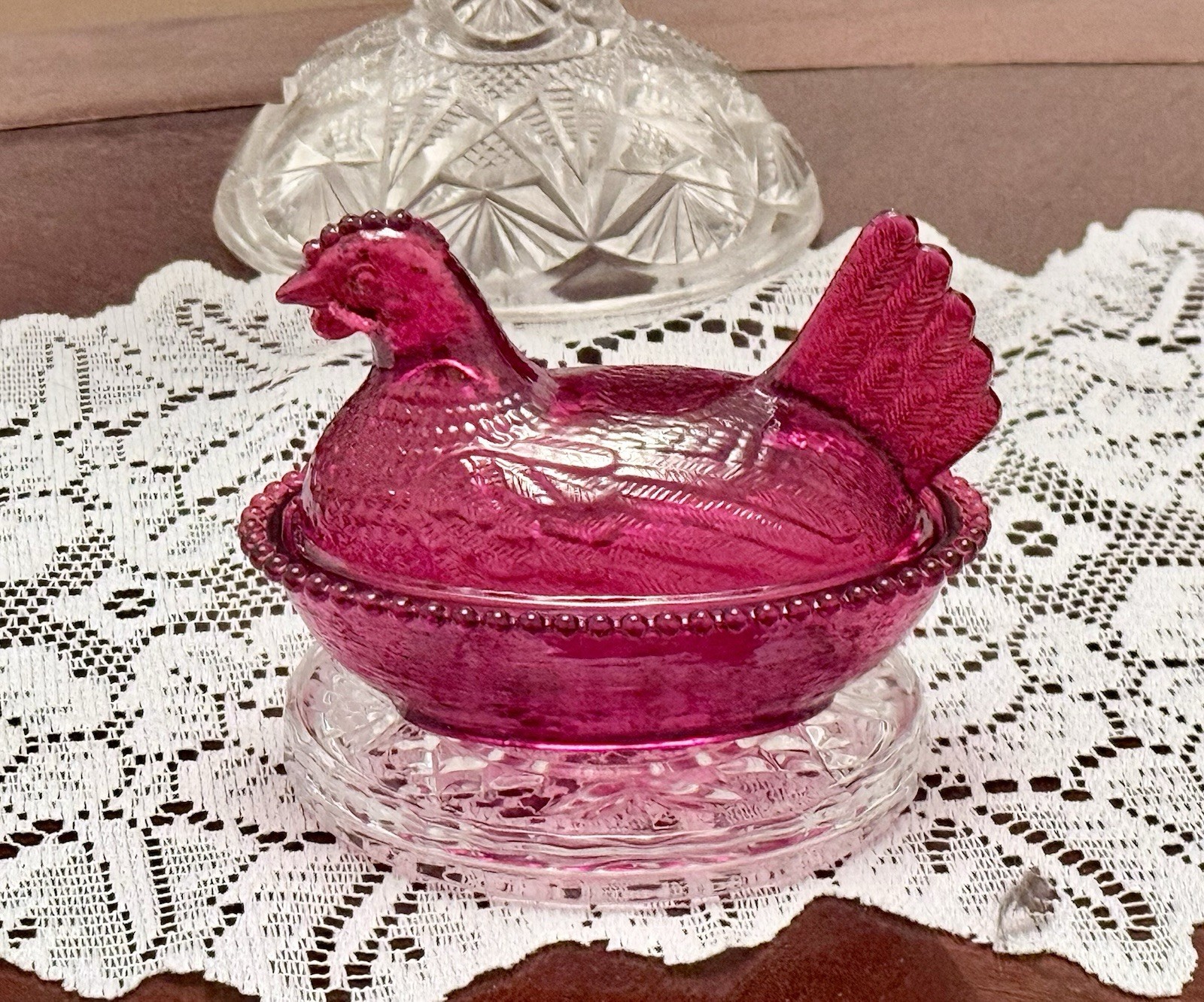 Vintage Style Hen In Nest, Salt Seller, Small Candy Dish, 4x4”, Ruby Red, Glass