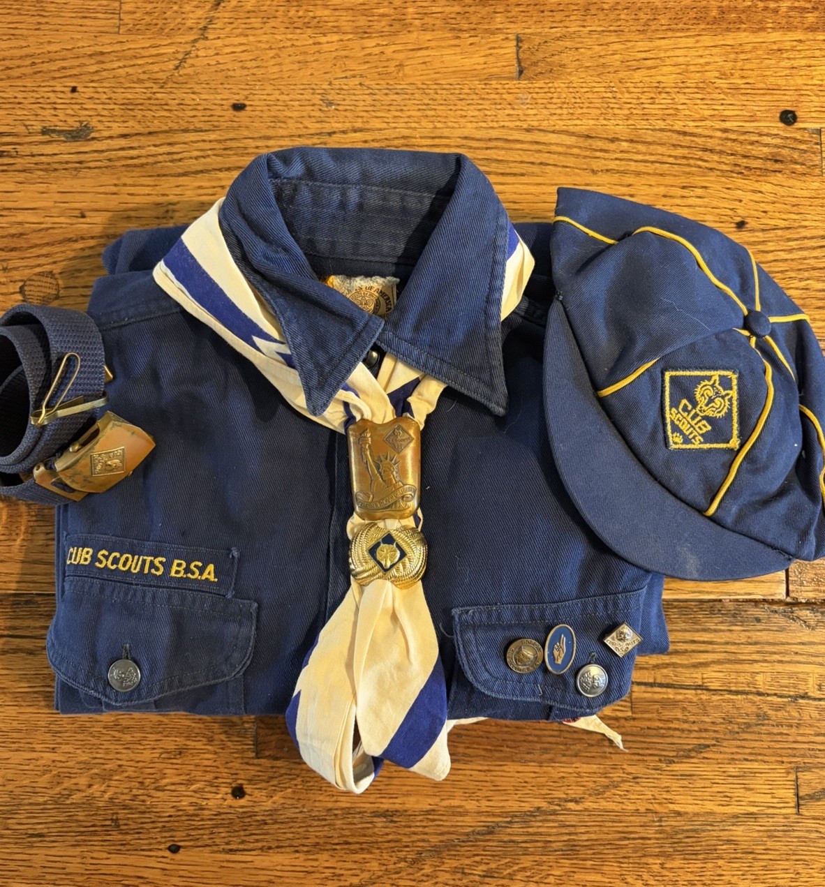 Vintage Cub Scouts BSA Uniform Shirt Pants Cap Belt Scarf Sliders Pins Patches