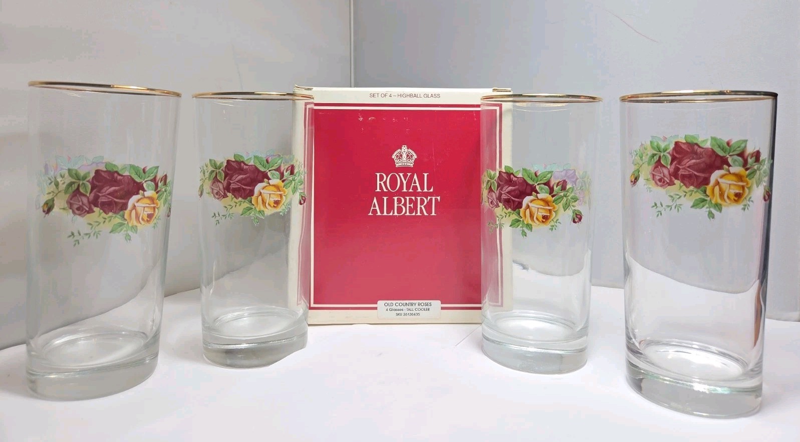 NOS Royal Albert Old Country Roses Highball Glass Set Of 4 Water Tumblers 6¼” 