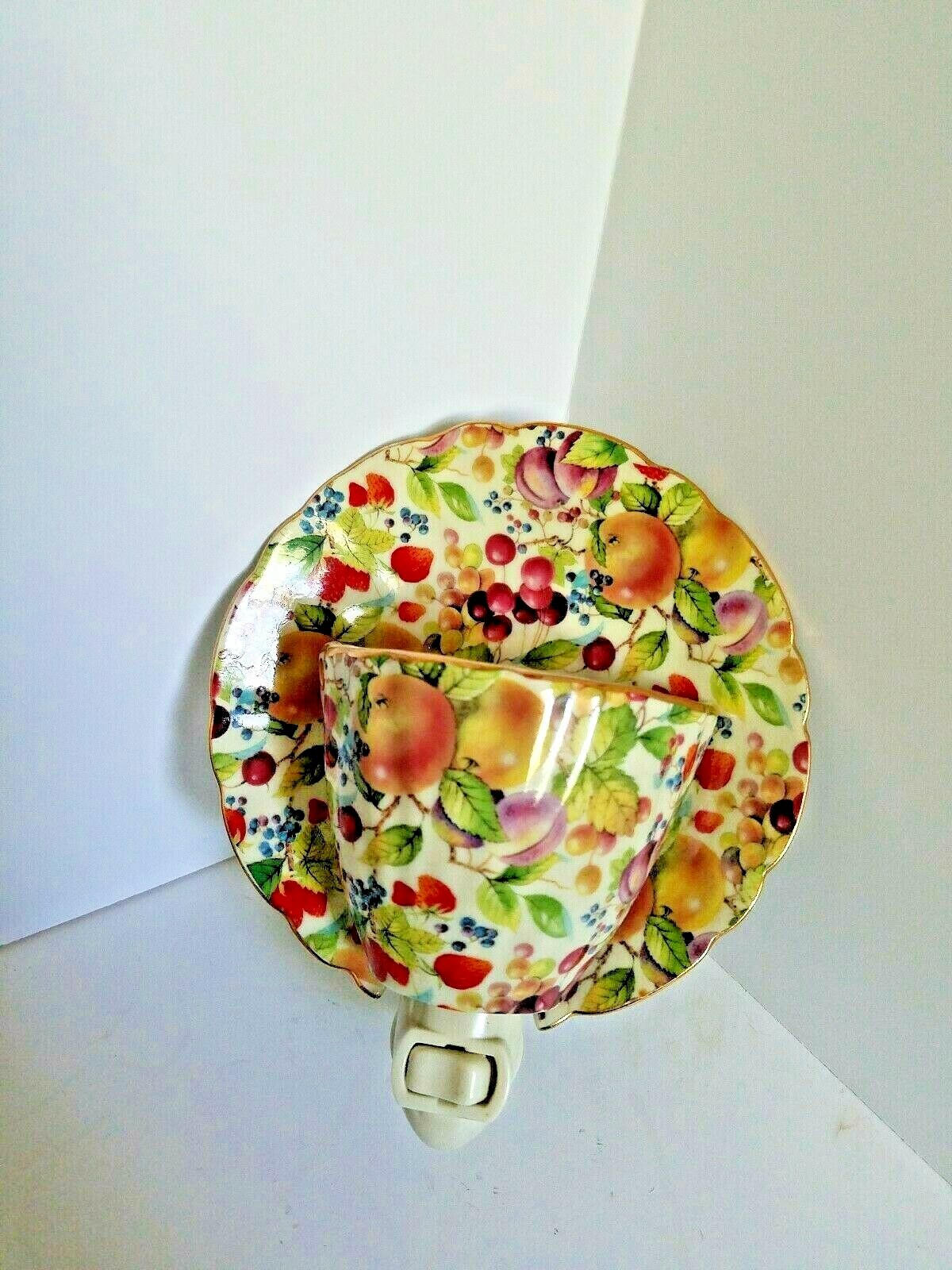 Night Light Formalities by Baum Brother Porcelain Tea Cup and Saucer Fruit Decor