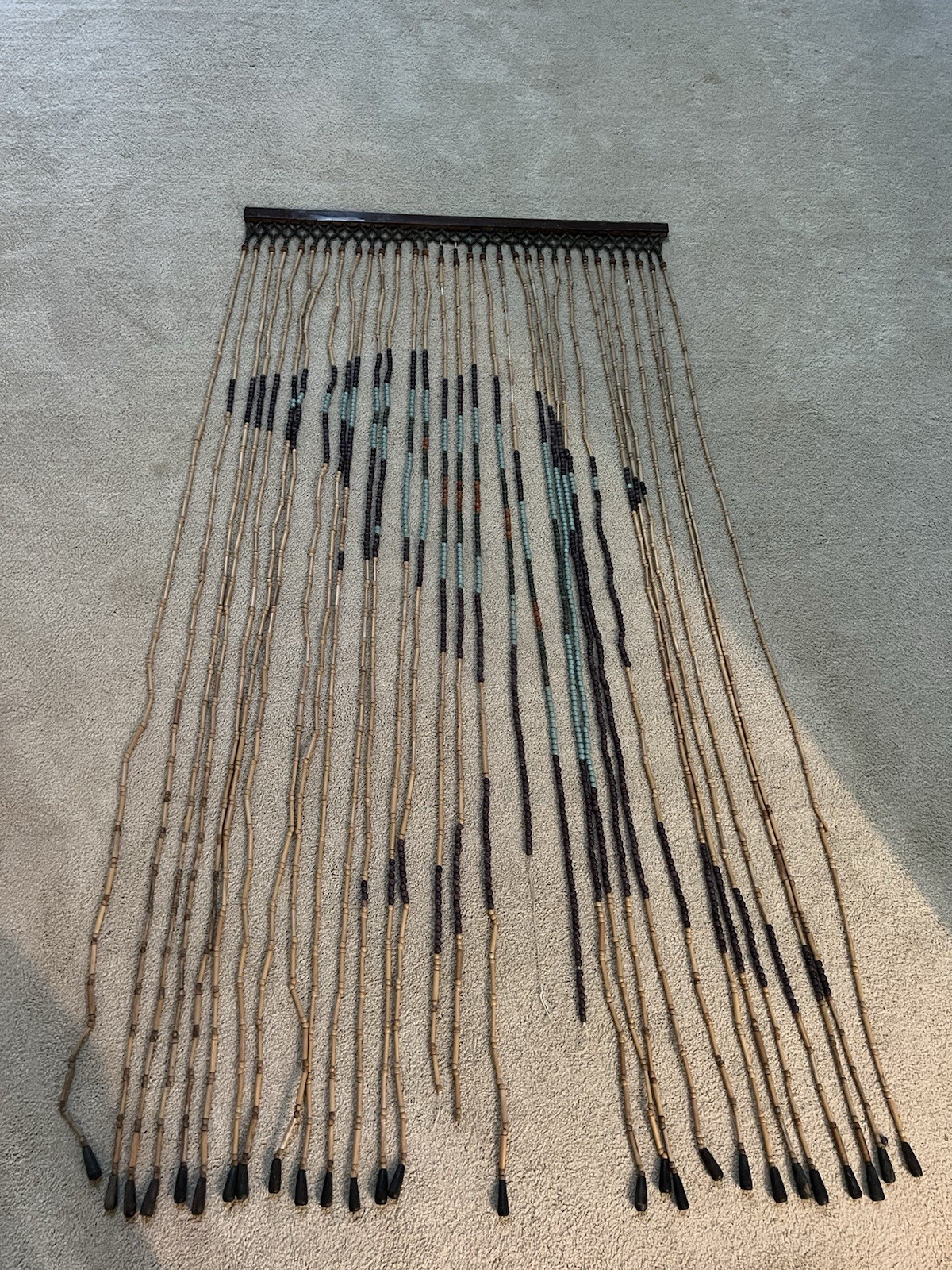 Vintage 1970s Bamboo Beaded Curtain Macrame Turquoise Black Boho 36x72” Dolphin