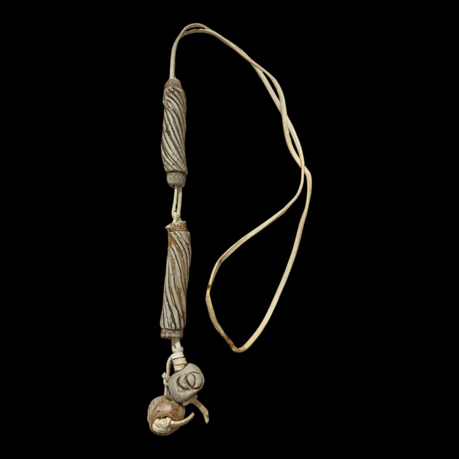 Bizarre Rustic Clay Necklace, Three Women, Carved Beads, 20”